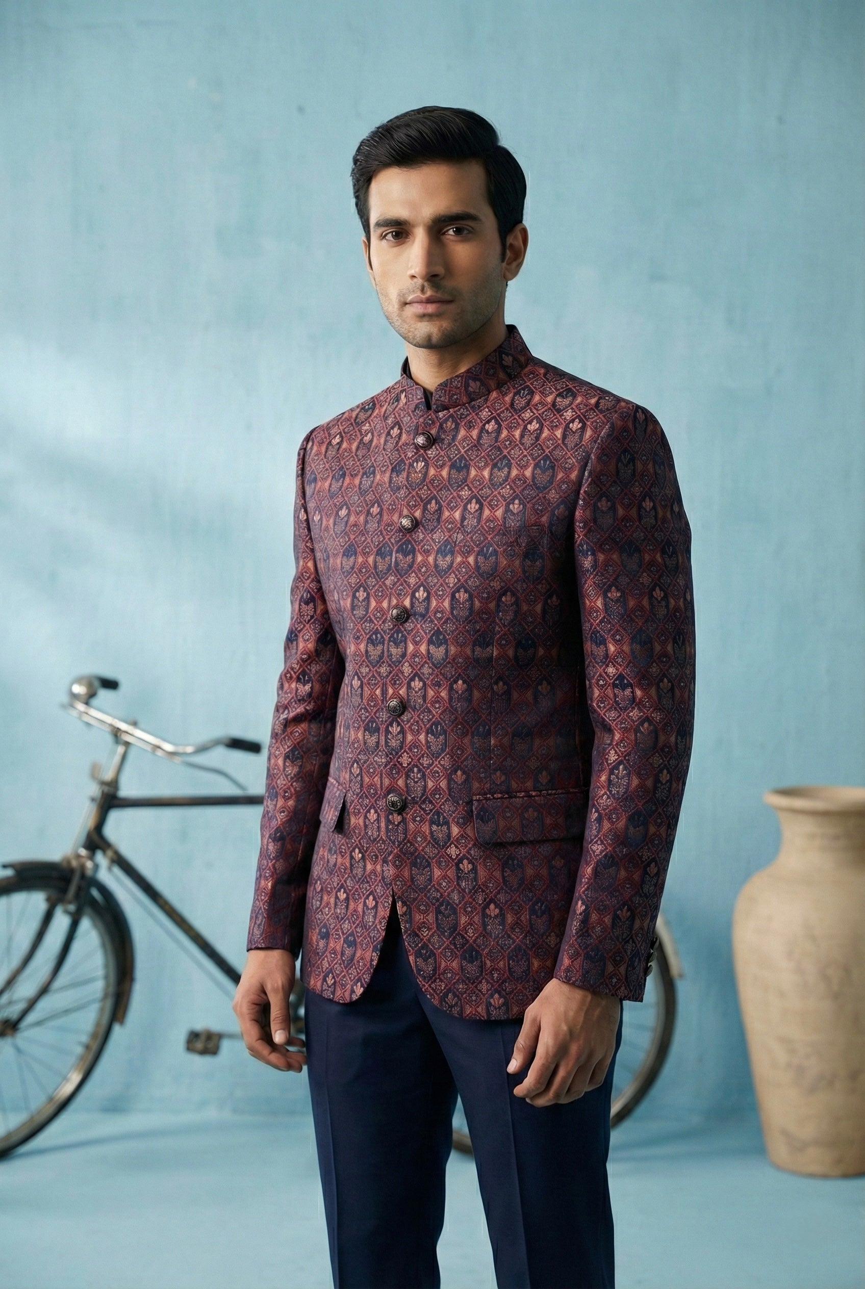 Abees Navy jacquard geometric bandhgala blazer - front view