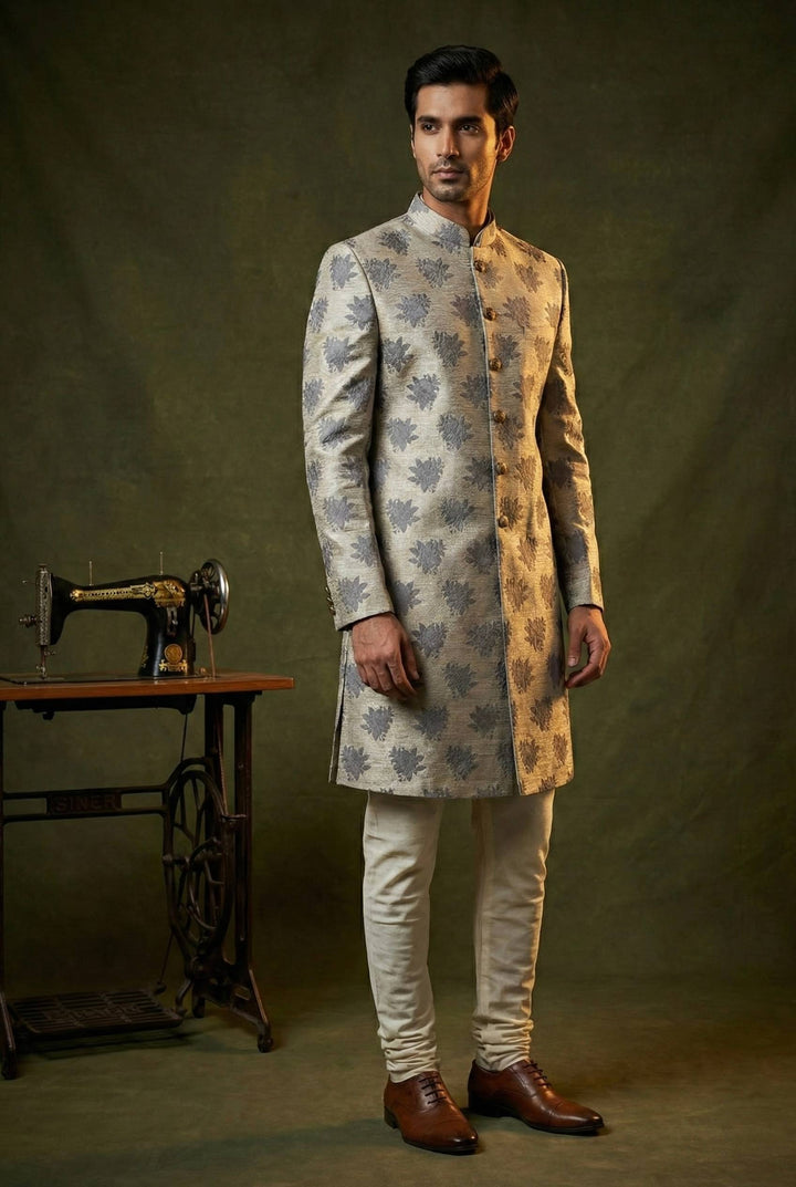 Abees Grey jacquard printed sherwani set - front view