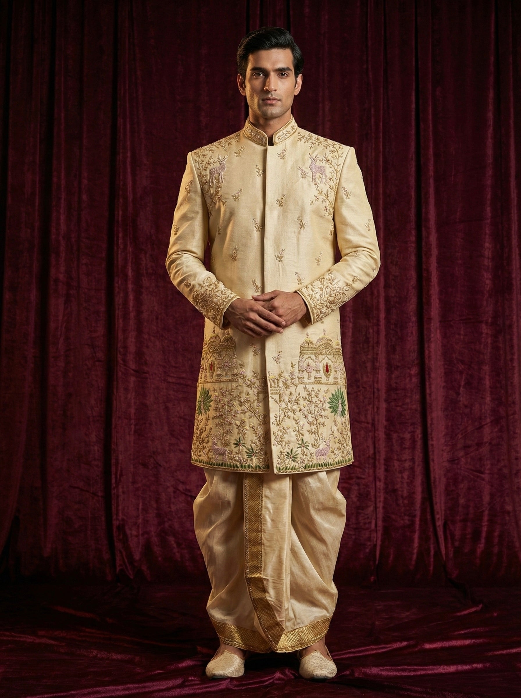 Ivory Gold Heritage Embroidered Sherwani with Traditional Dhoti