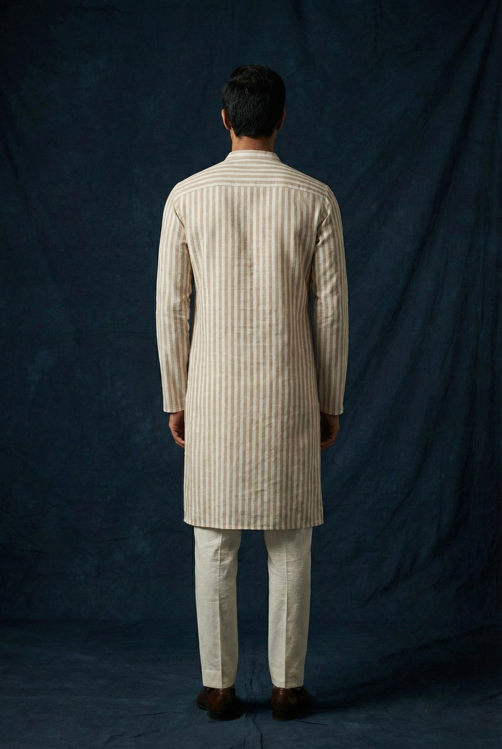 Abees Beige linen striped kurta for men - back view
