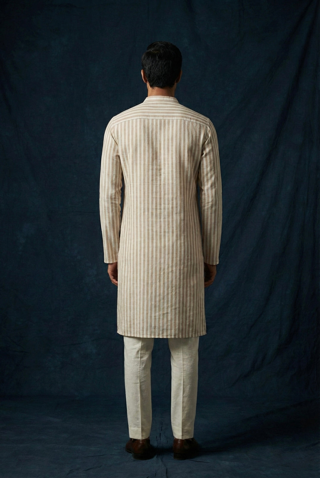 Abees Beige linen striped kurta for men - back view