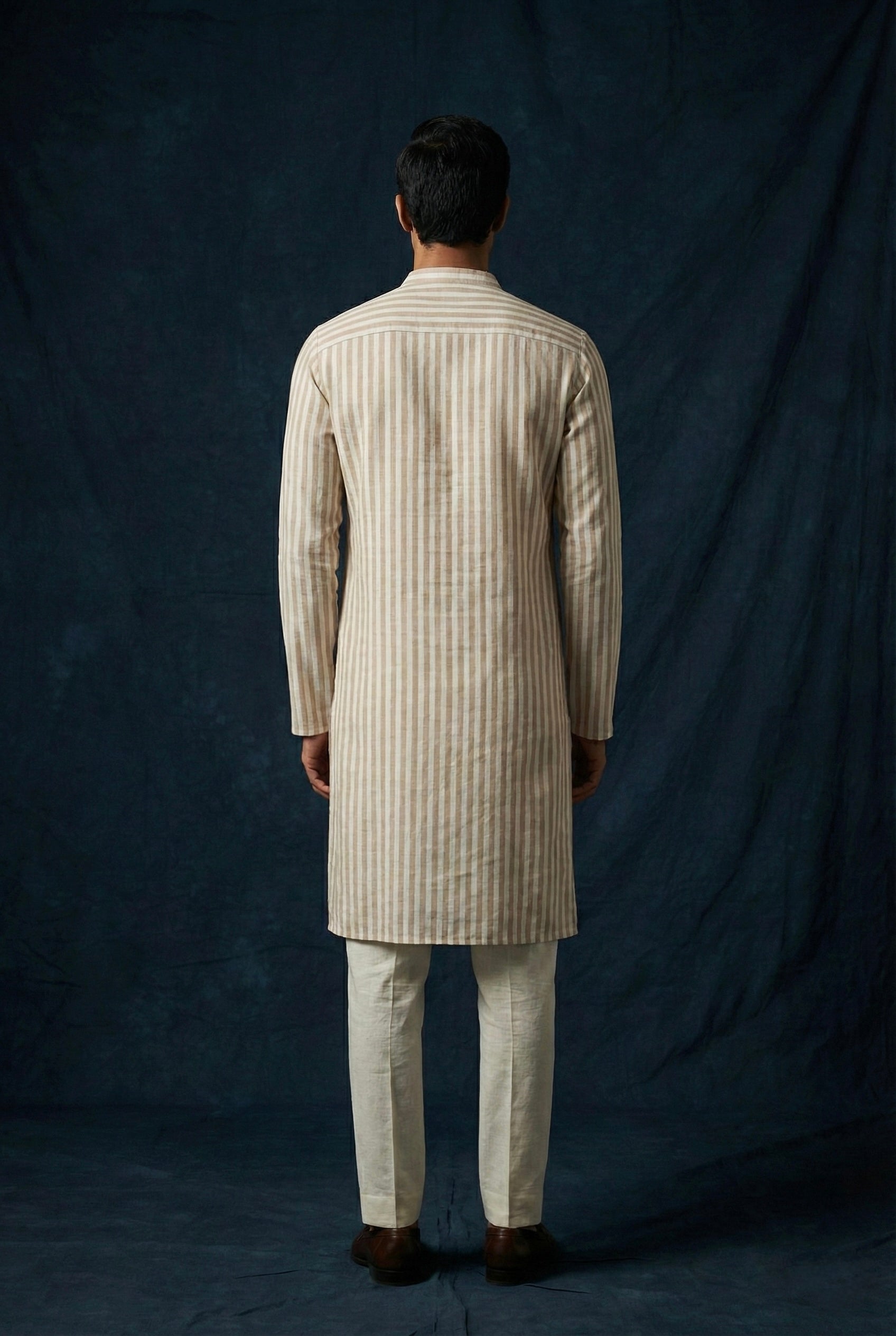 Beige Striped 100% Linen Kurta for Men