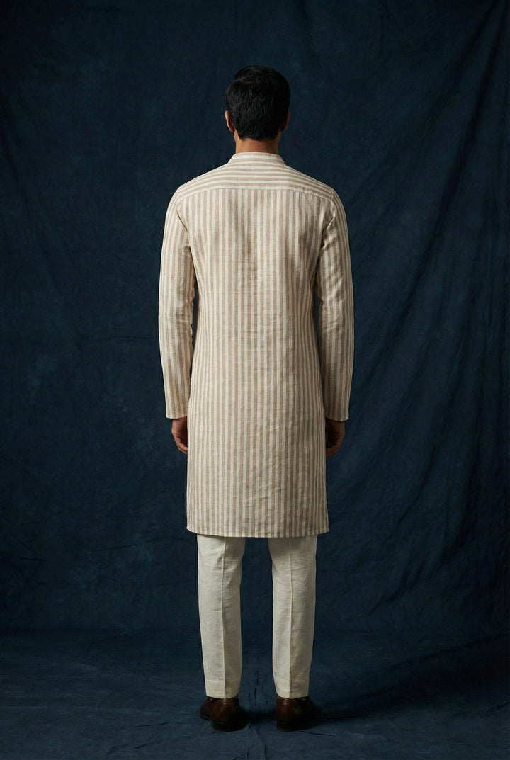Abees Beige linen striped kurta for men - back view