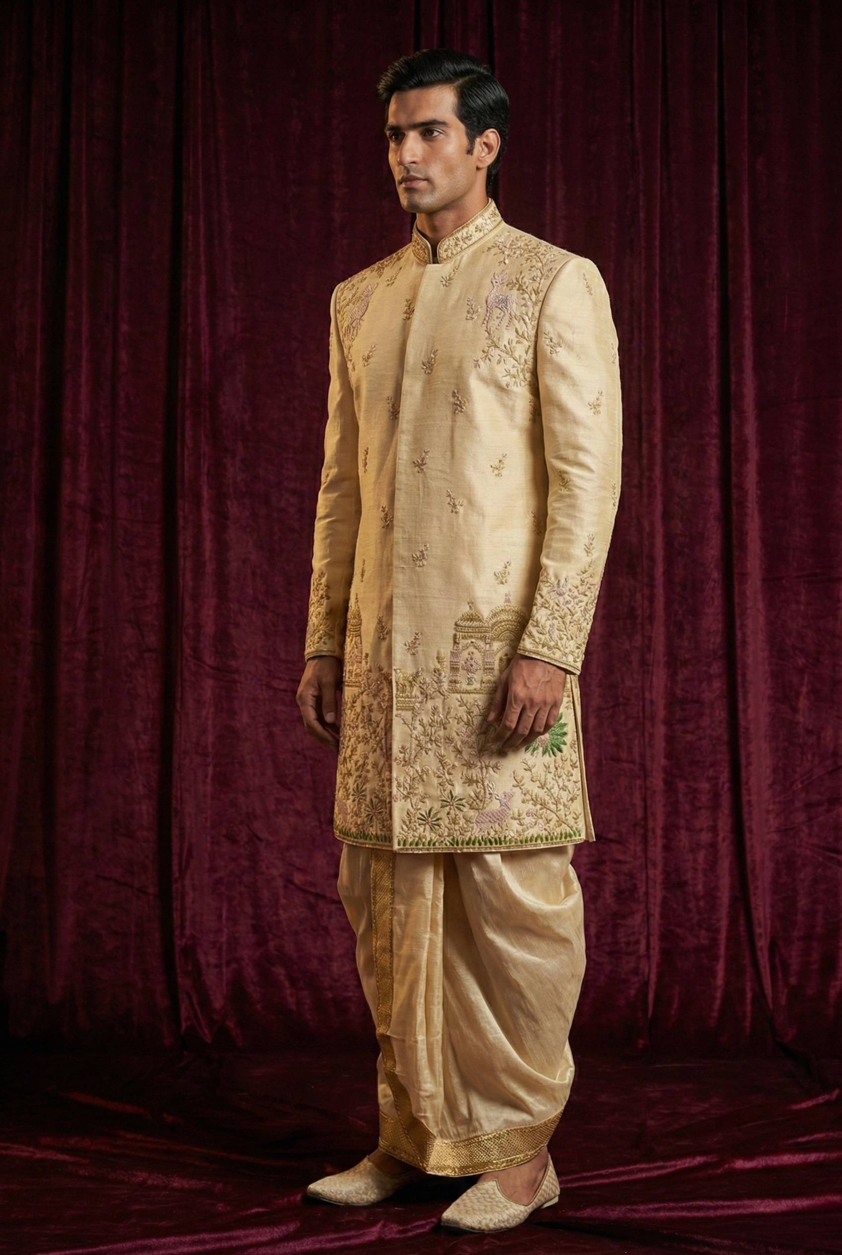 Ivory Gold Heritage Embroidered Sherwani with Traditional Dhoti
