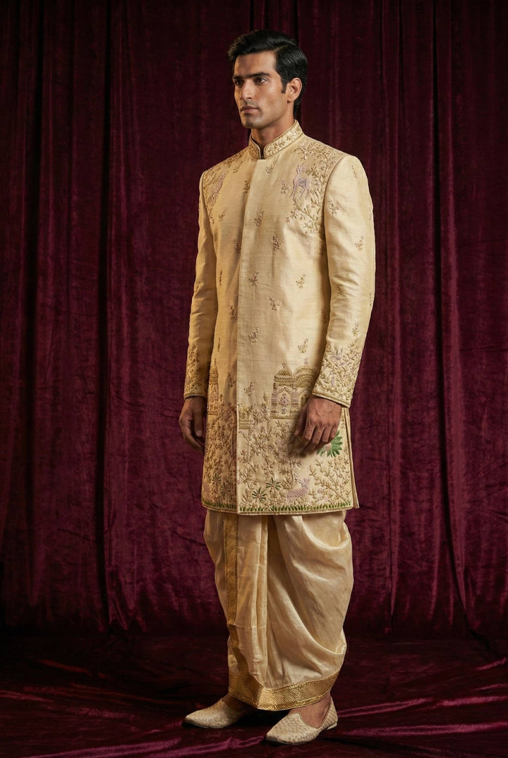 Abees Gold embroidered ivory sherwani with dhoti - back view