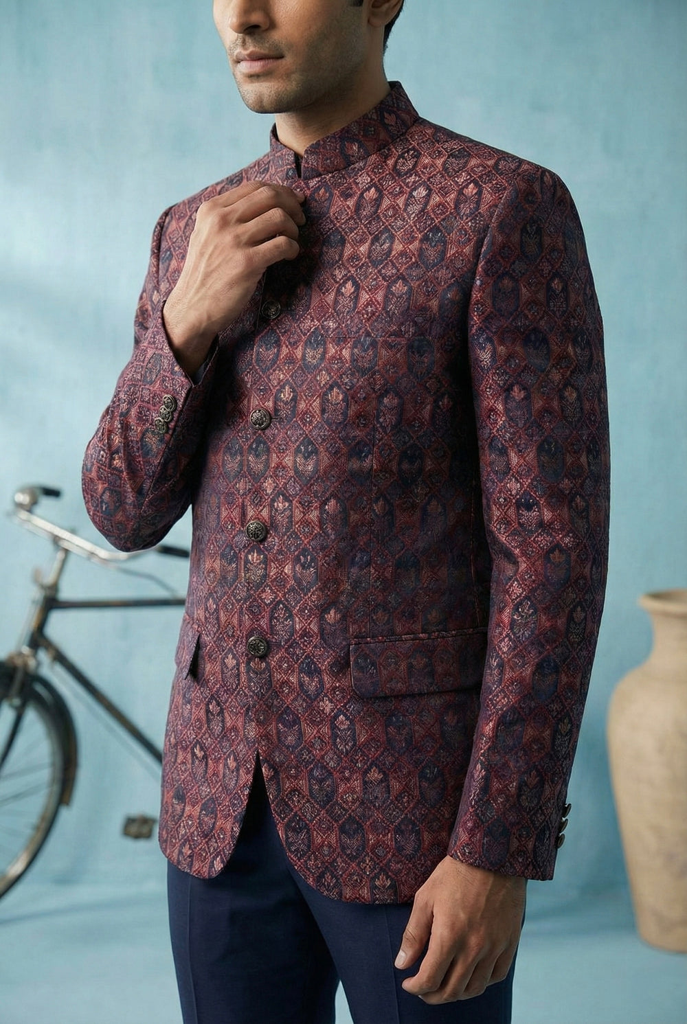Abees Navy jacquard geometric bandhgala blazer - back view