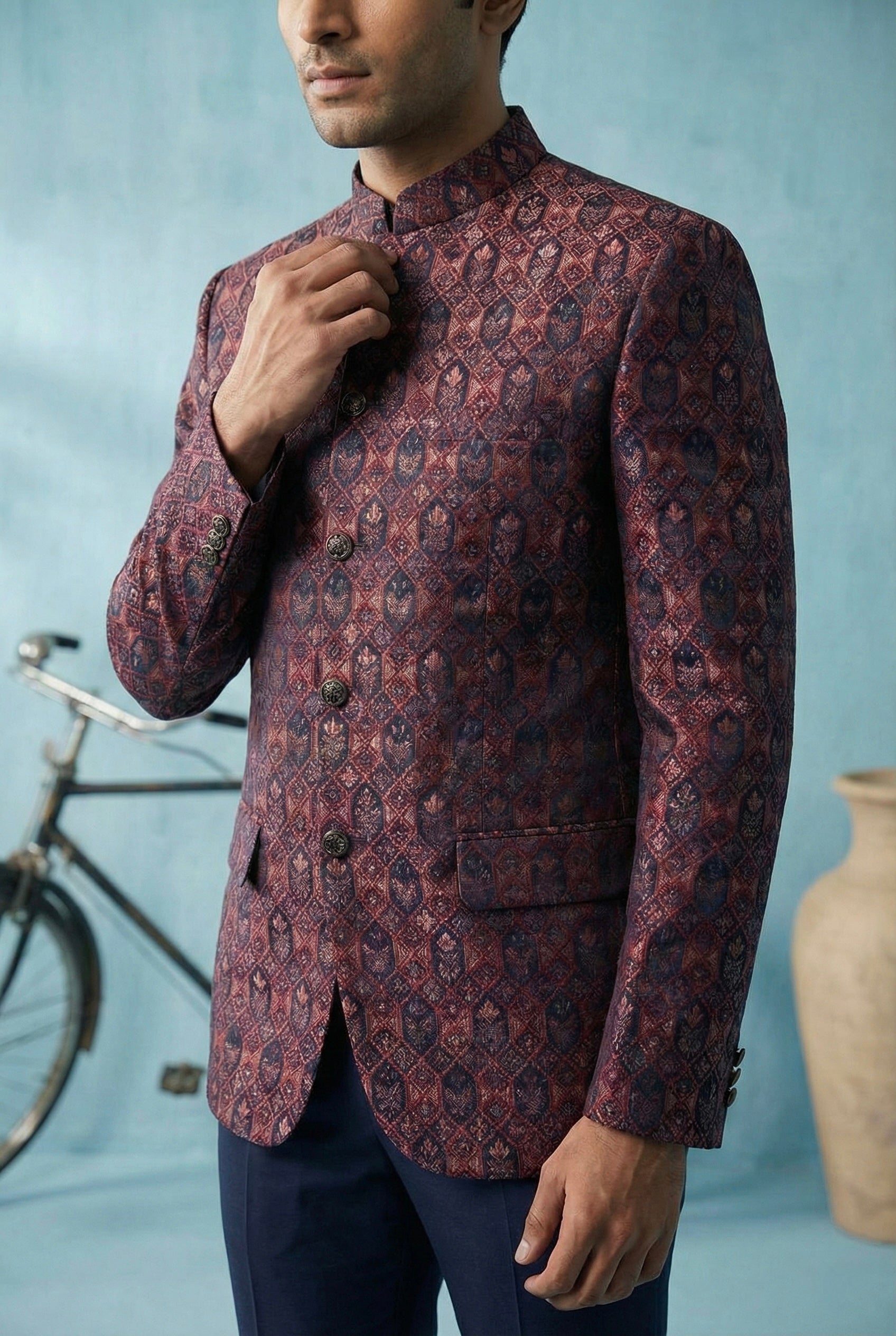 Abees Navy jacquard geometric bandhgala blazer - back view