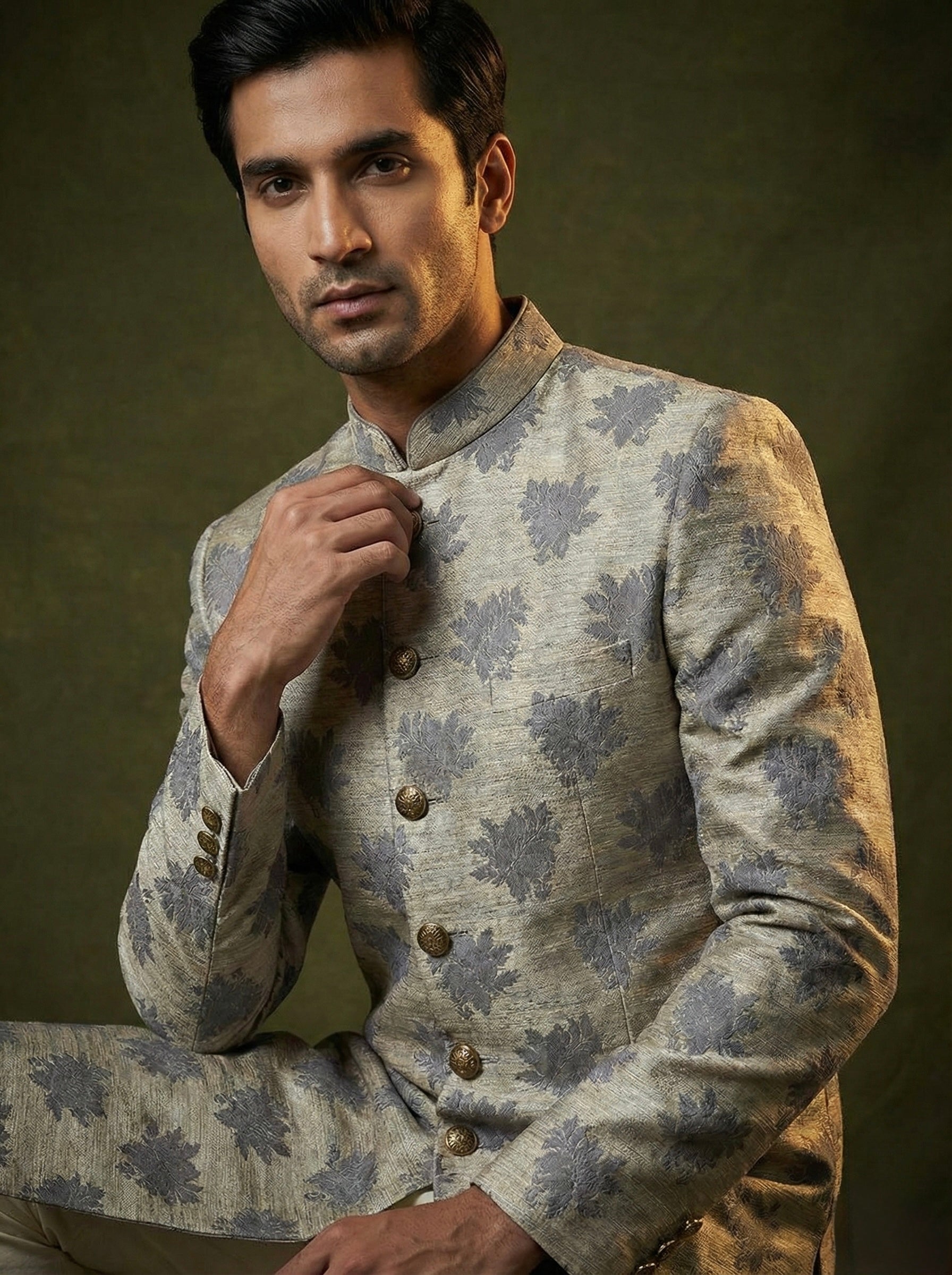 Steel Grey Floral Textured Sherwani Set for Men