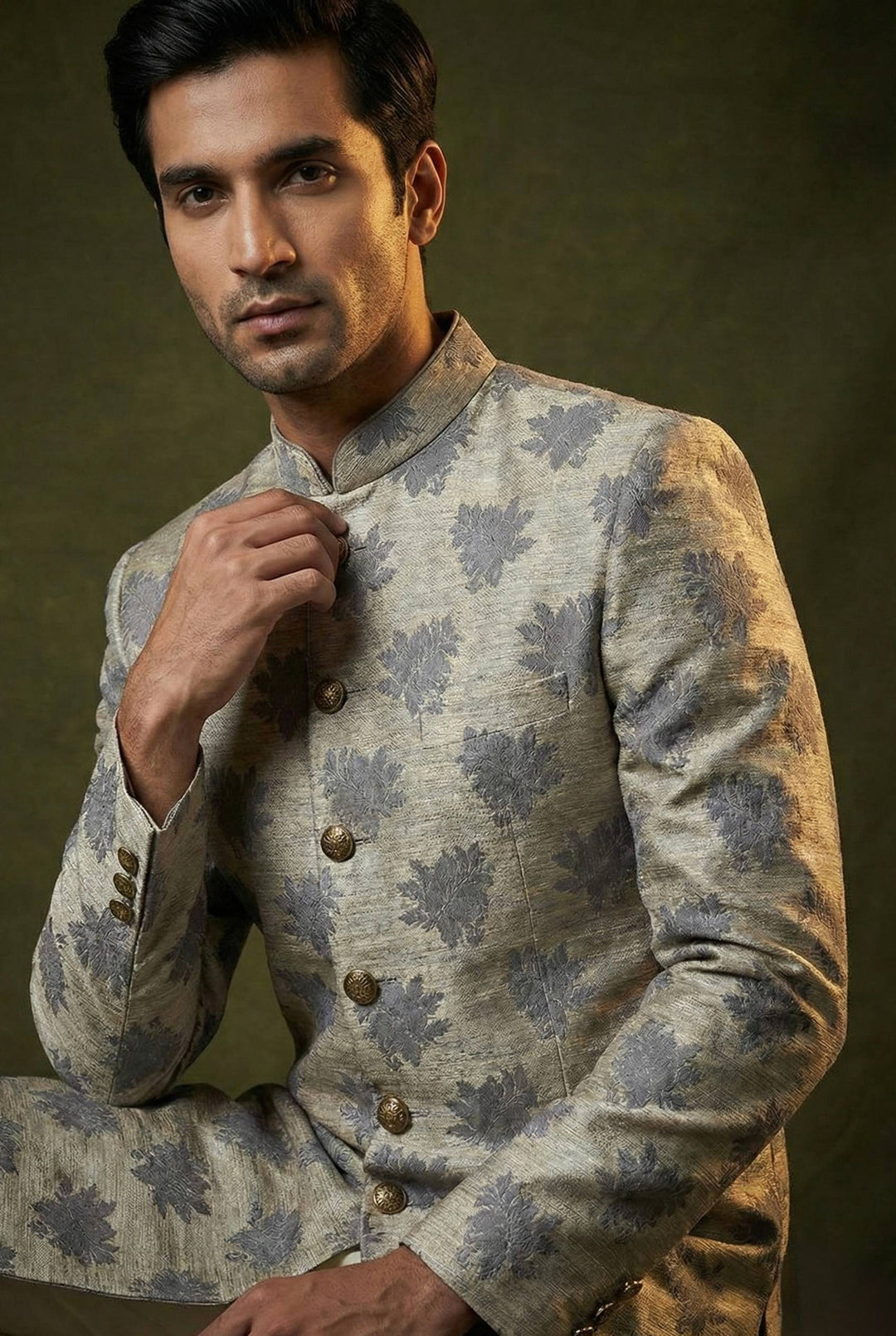 Abees Grey jacquard printed sherwani set - back view