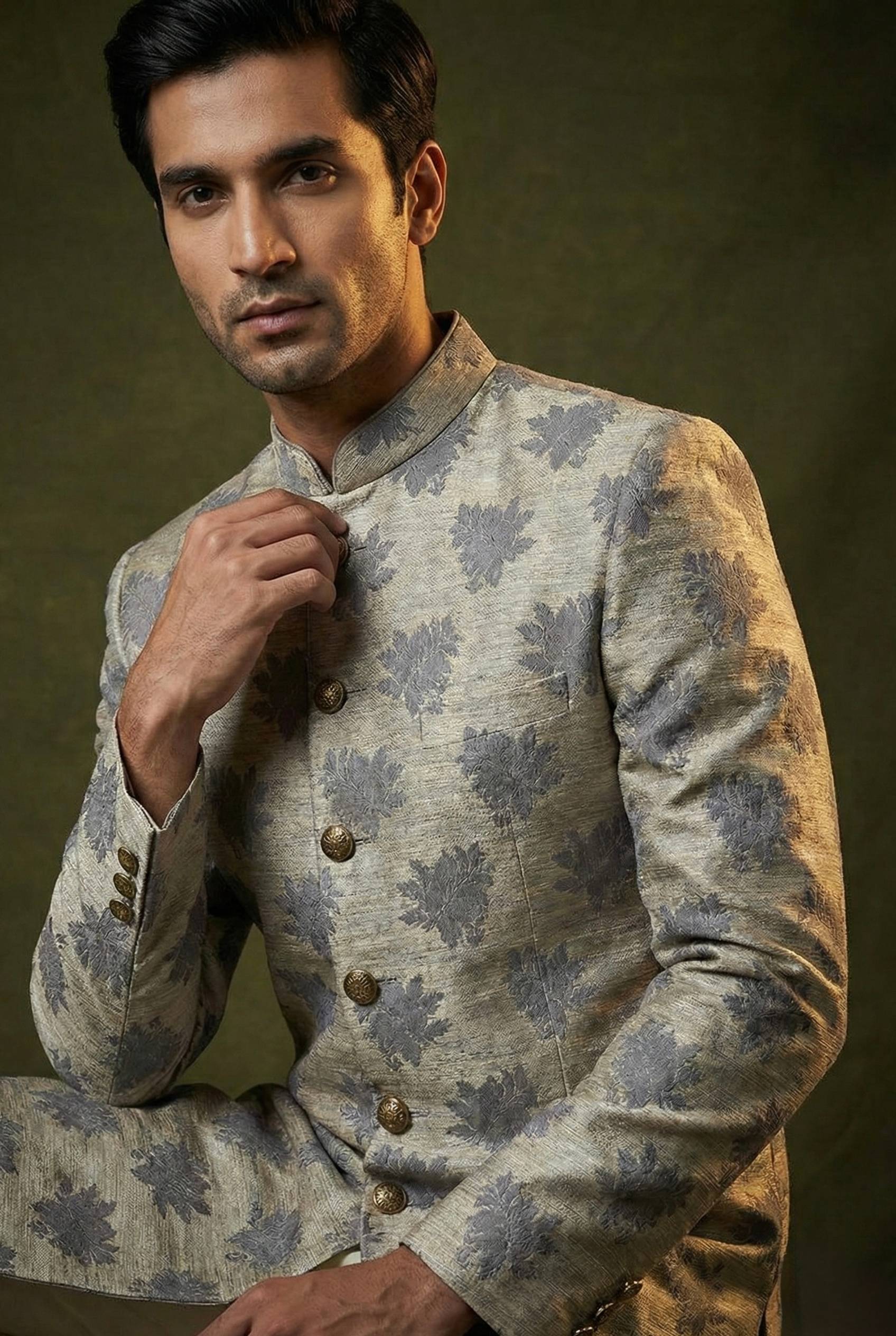 Abees Grey jacquard printed sherwani set - back view