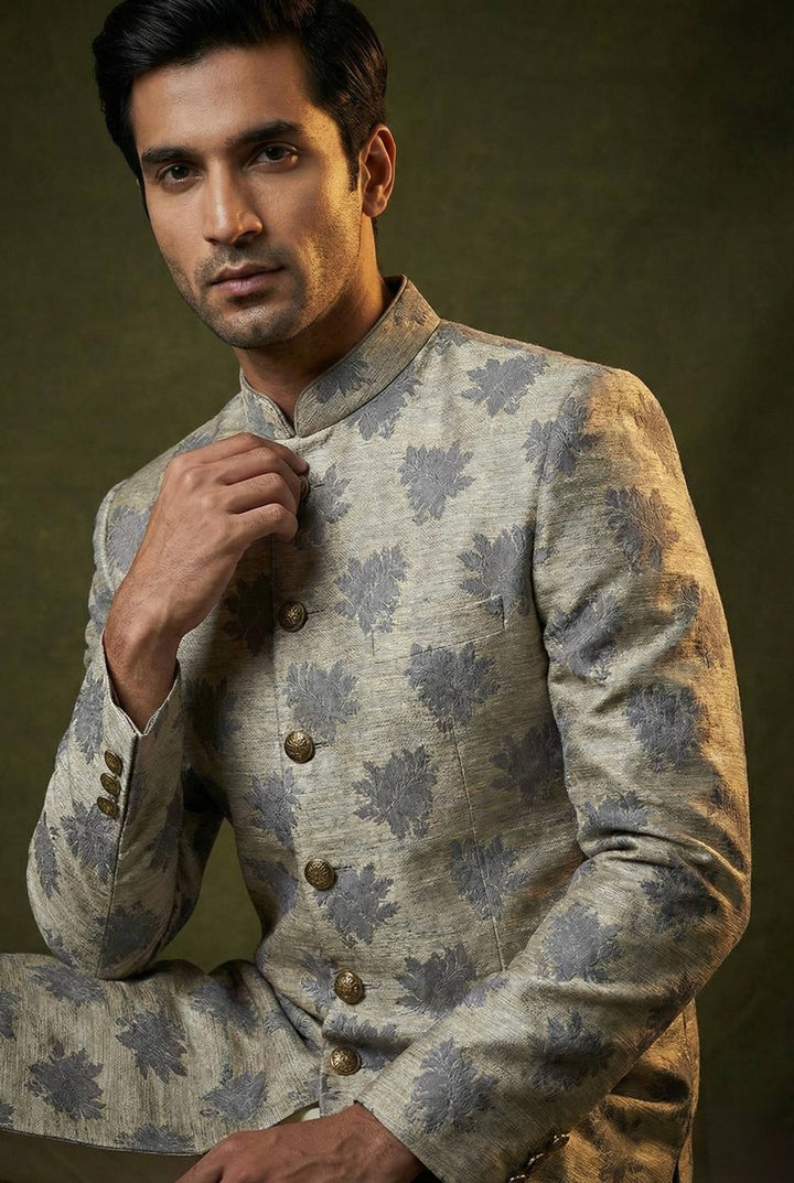 Abees Grey jacquard printed sherwani set - back view
