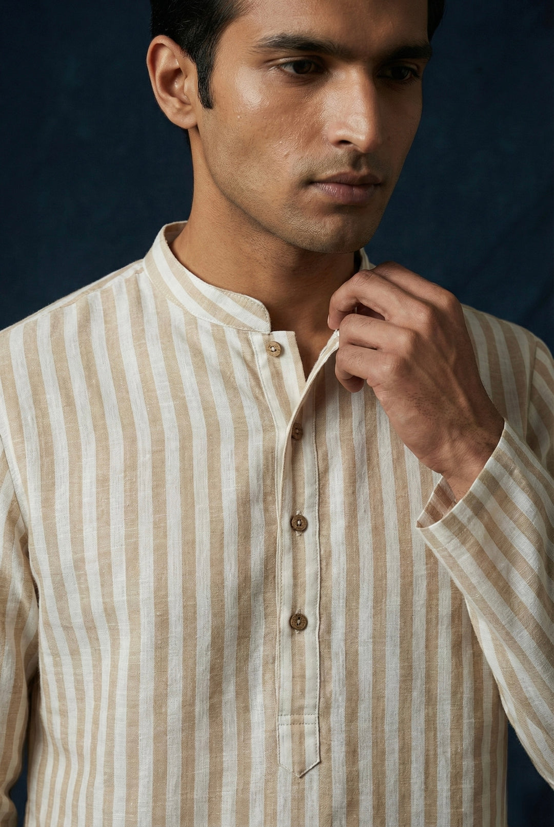 Abees Beige linen striped kurta for men - side view