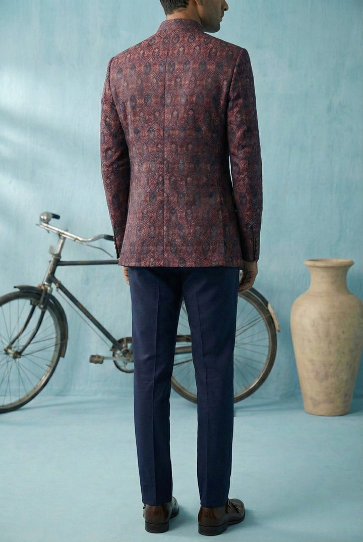 Wine &amp; Navy Geometric Textured Bandhgala Blazer for Men