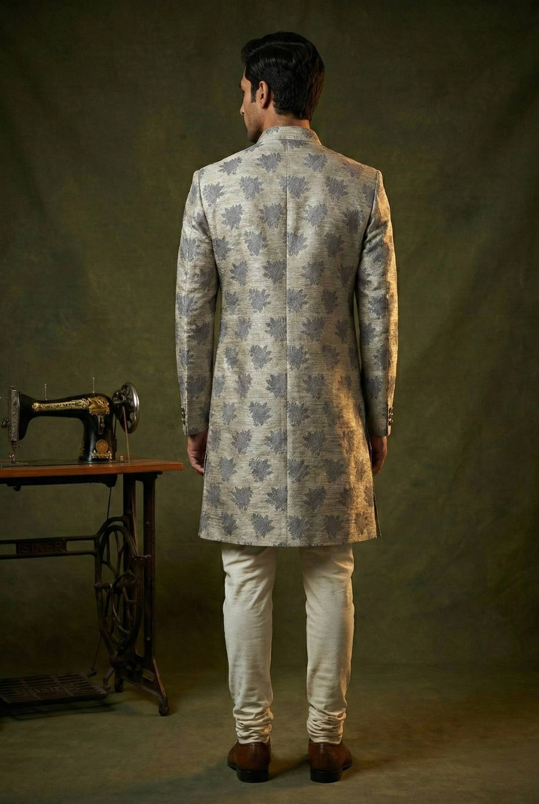 Abees Grey jacquard printed sherwani set - side view