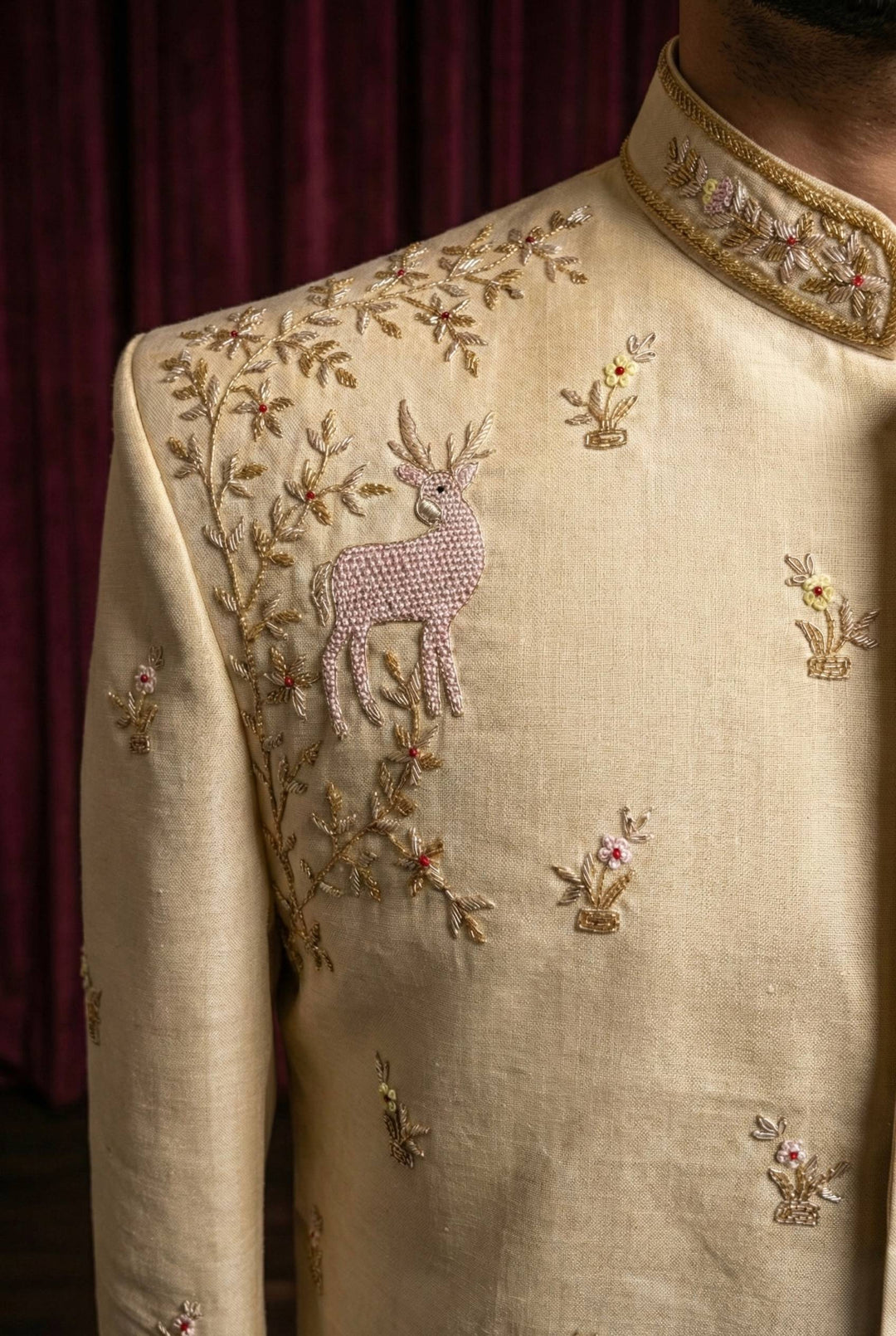 Abees Gold embroidered ivory sherwani with dhoti - side view