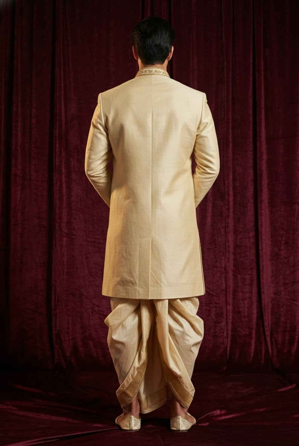 Abees Gold embroidered ivory sherwani with dhoti - detail view 1