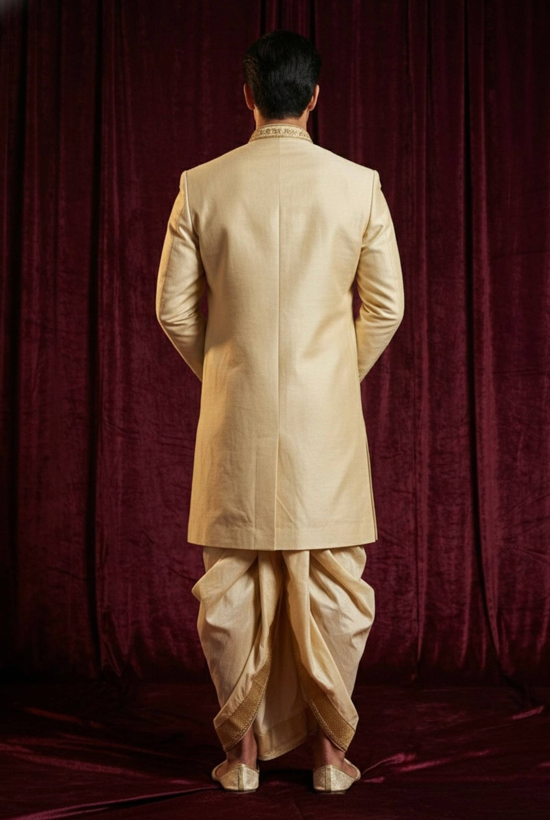 Abees Gold embroidered ivory sherwani with dhoti - detail view 1