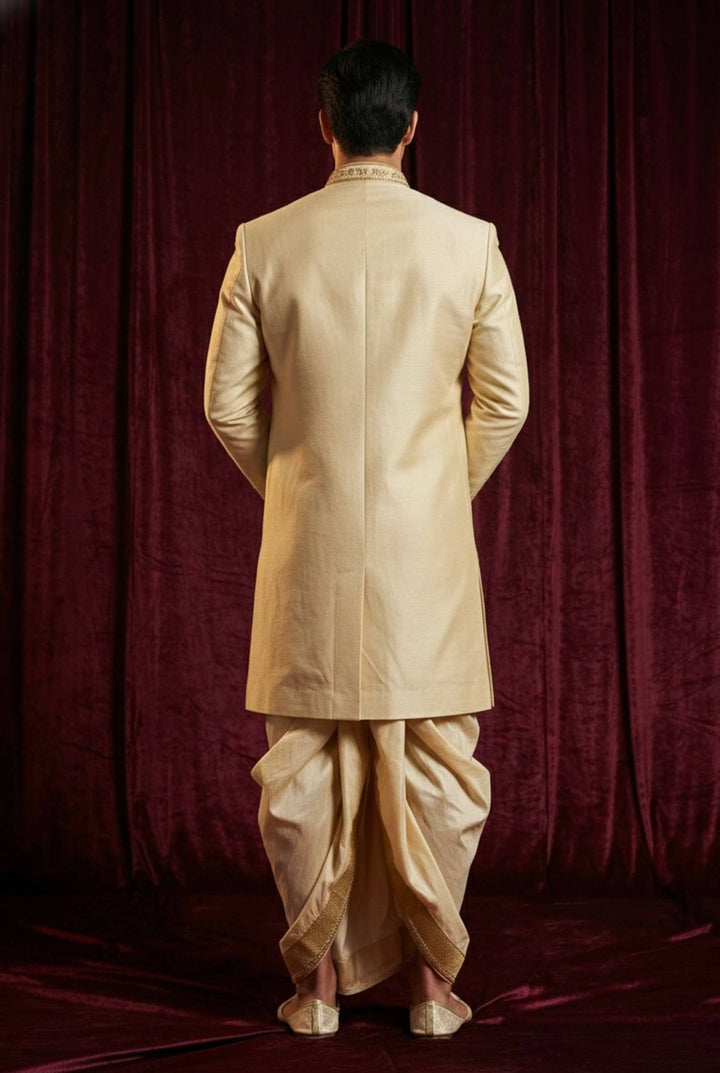 Abees Gold embroidered ivory sherwani with dhoti - detail view 1