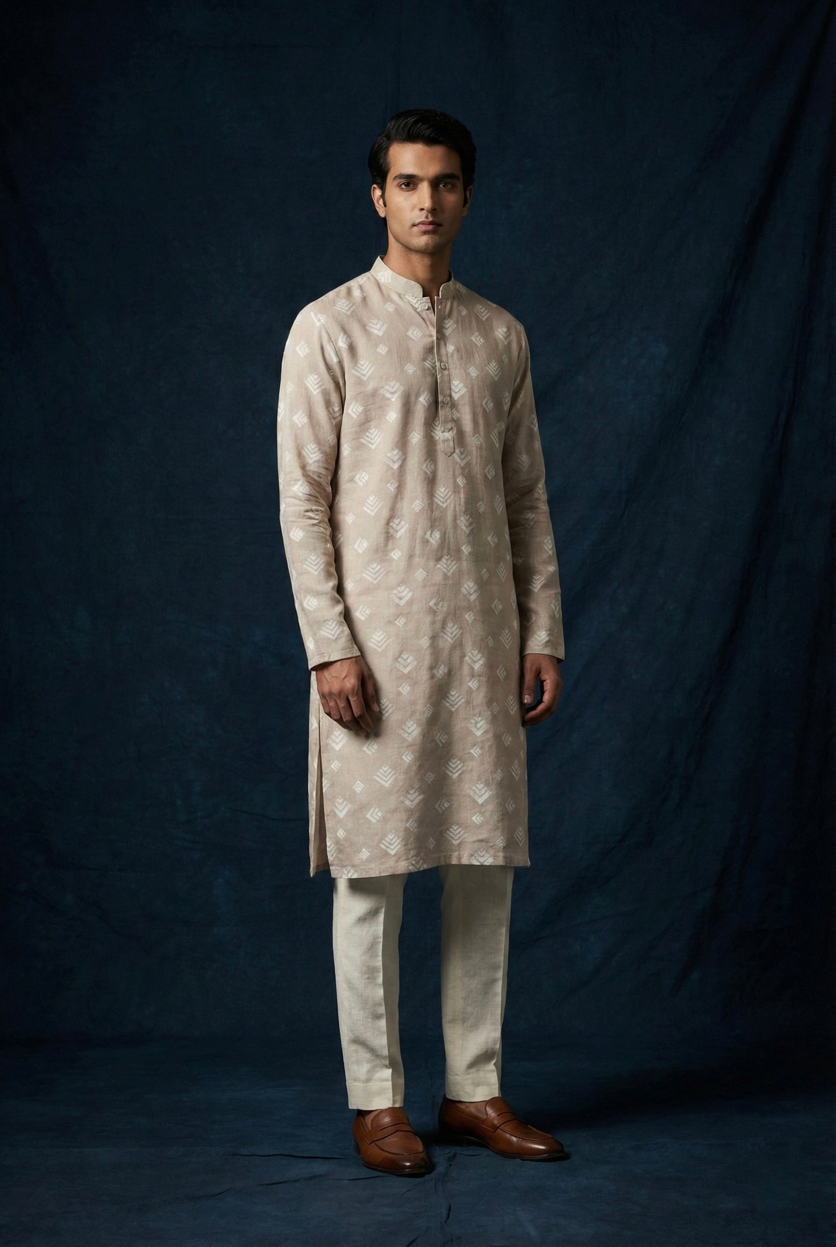 Sand Beige Printed 100% Linen Kurta for Men