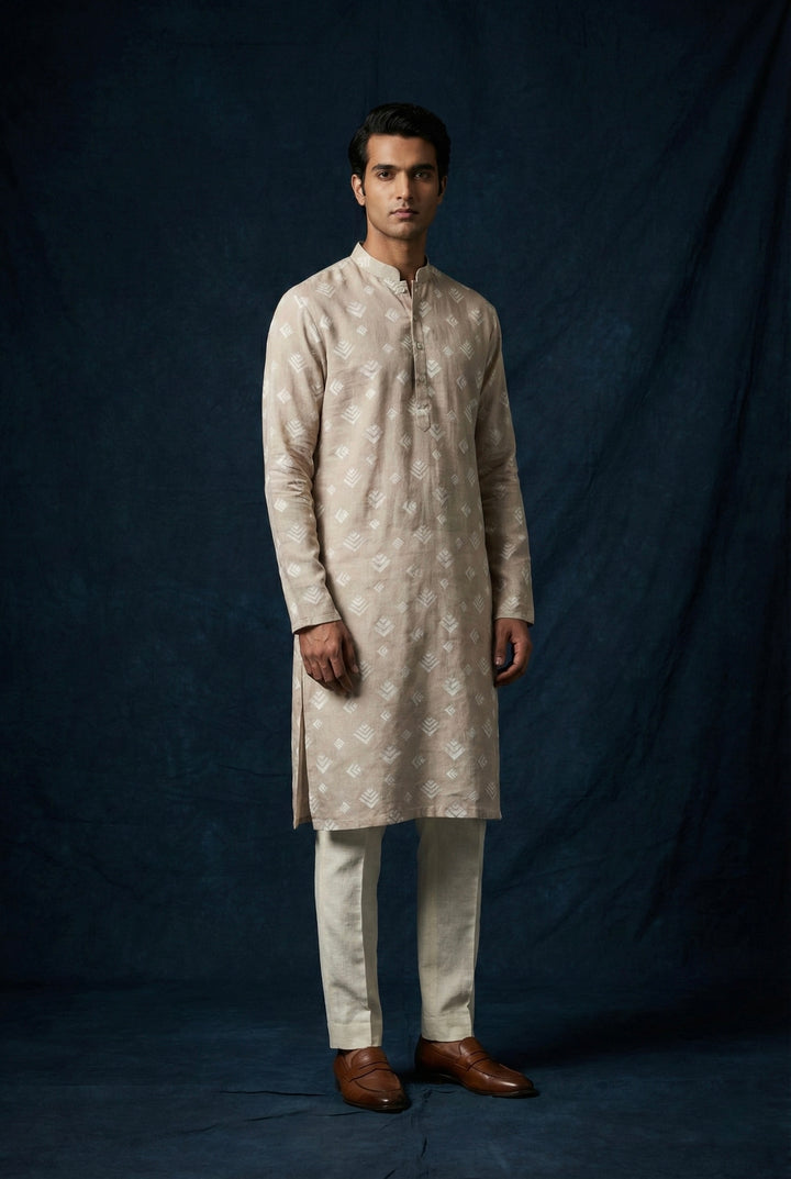 Abees Beige linen printed kurta for men - front view