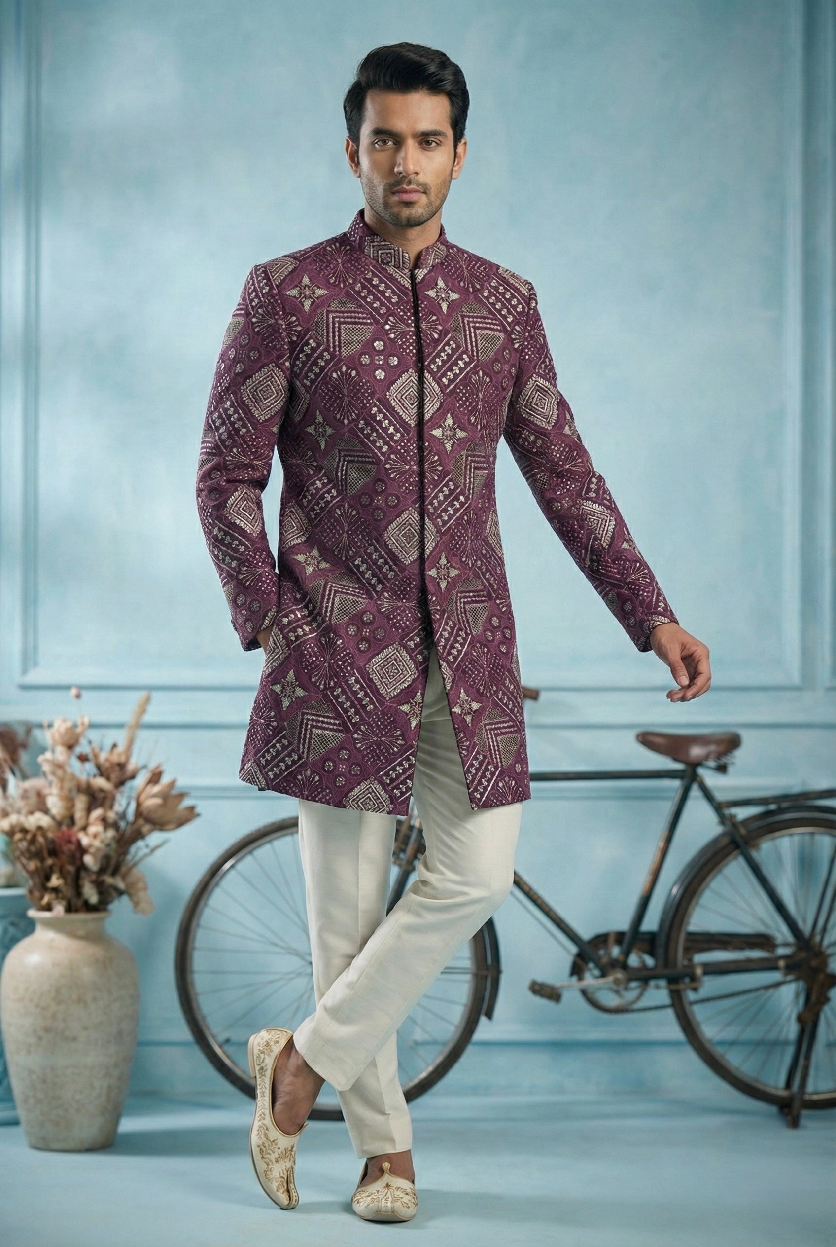 Royal Plum Geometric Embroidered Indo-Western Sherwani for Men