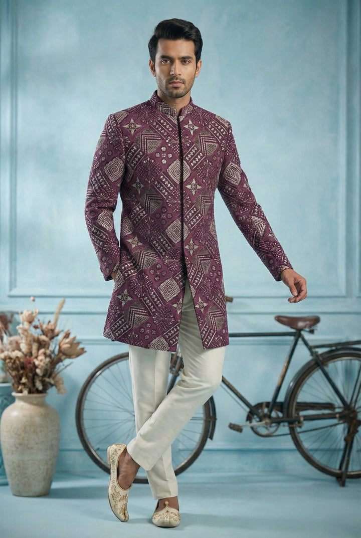 Abees Purple embroidered indo-western sherwani set - front view