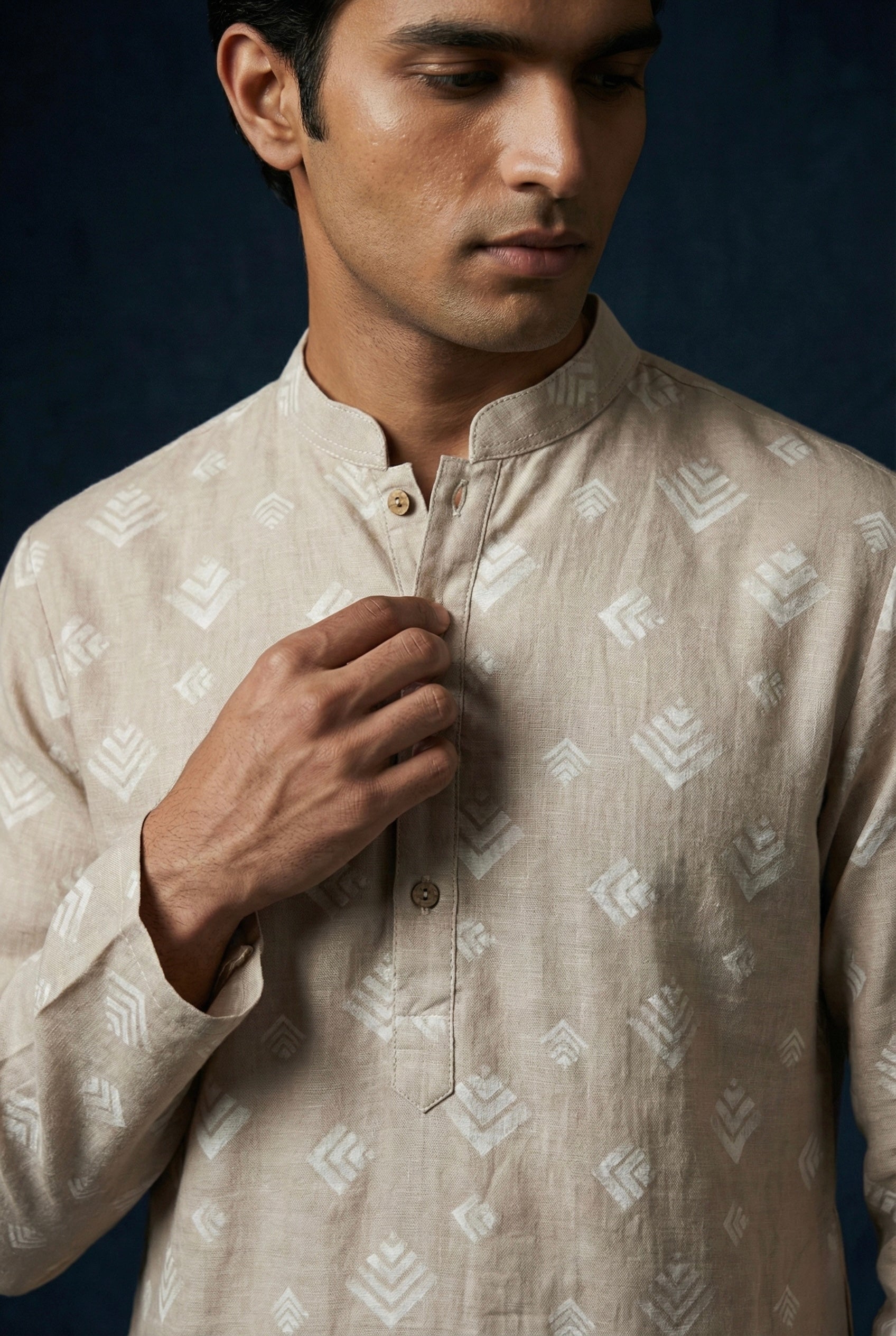 Sand Beige Printed 100% Linen Kurta for Men