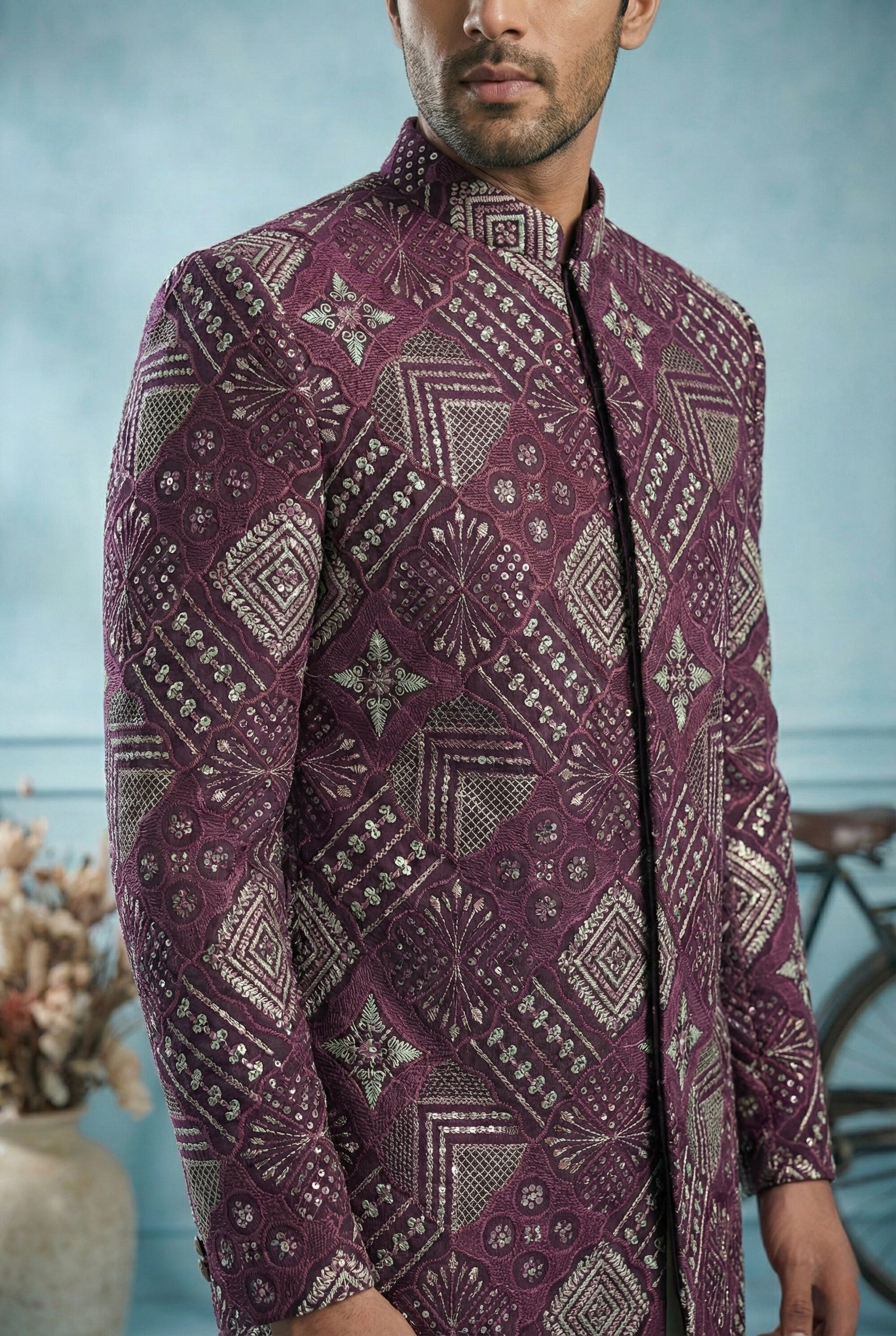Royal Plum Geometric Embroidered Indo-Western Sherwani for Men