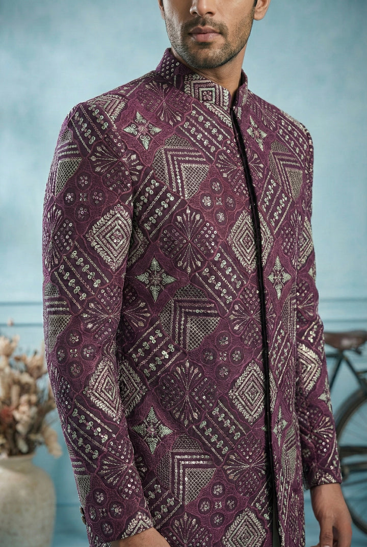 Abees Purple embroidered indo-western sherwani set - back view