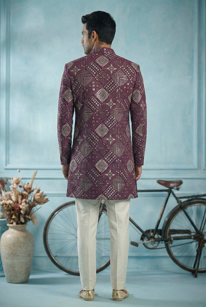 Abees Purple embroidered indo-western sherwani set - side view
