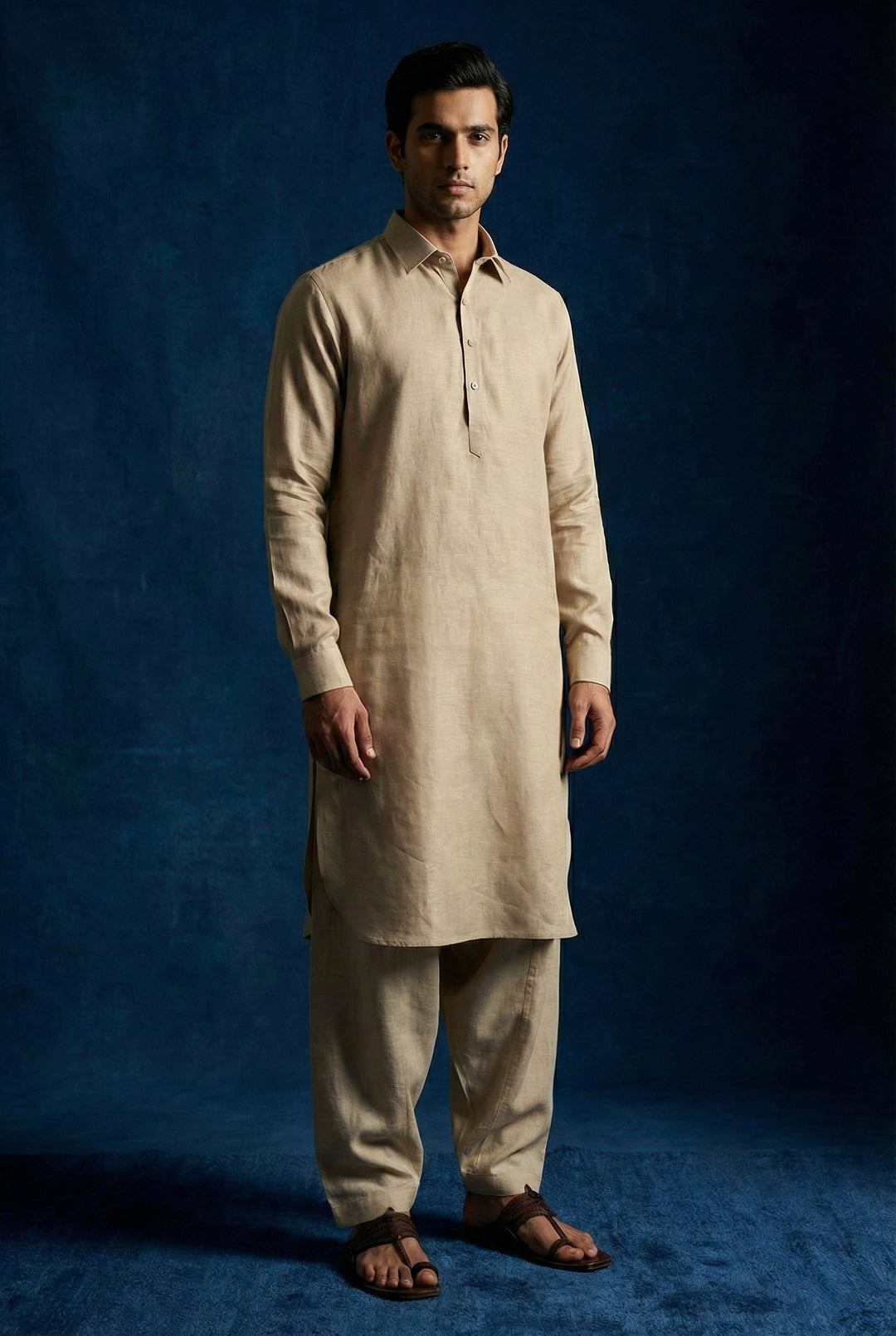 Abees Beige linen solid kurta set - front view