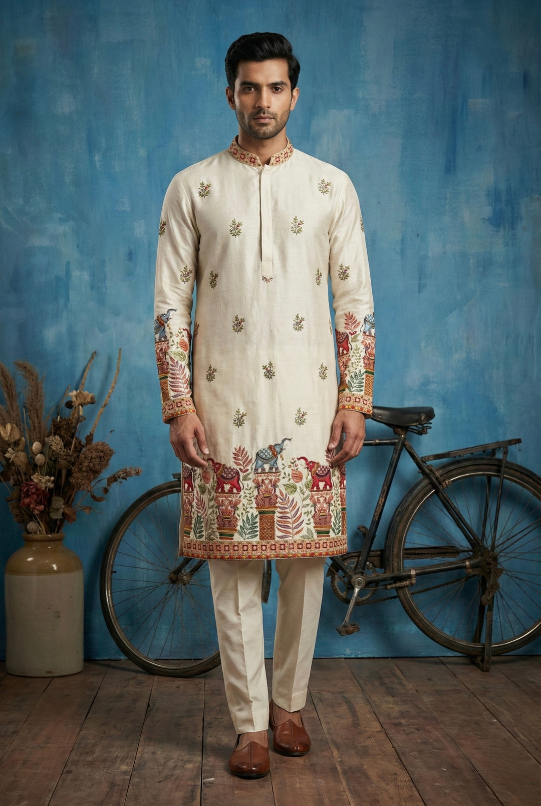 Abees White embroidered heritage motif kurta set - front view