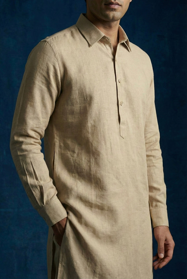 Abees Beige linen solid kurta set - back view