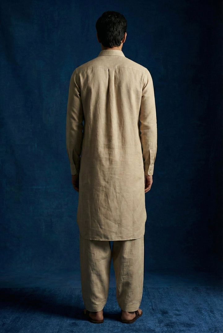 Abees Beige linen solid kurta set - side view