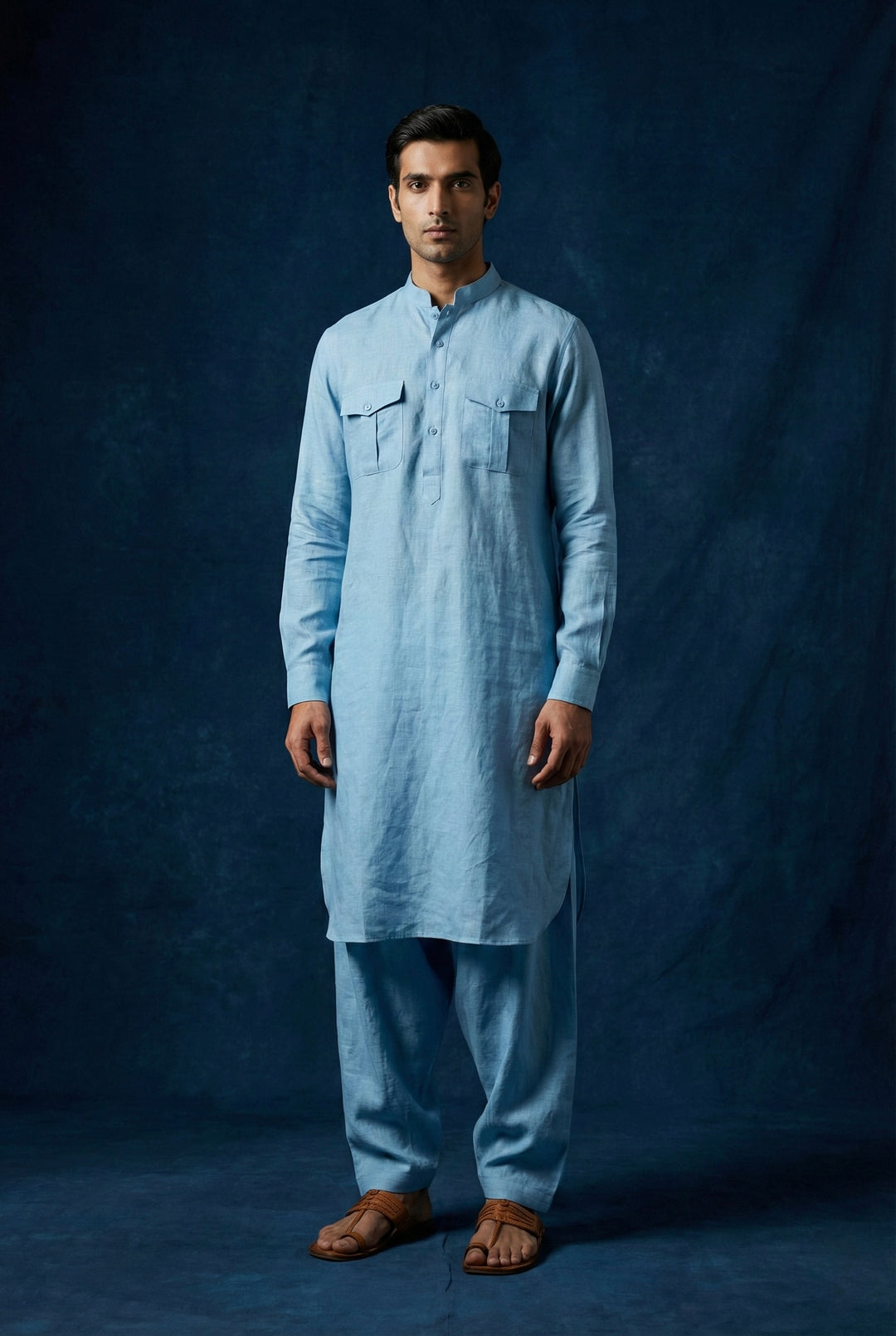 Abees Blue linen solid kurta pyjama set - front view