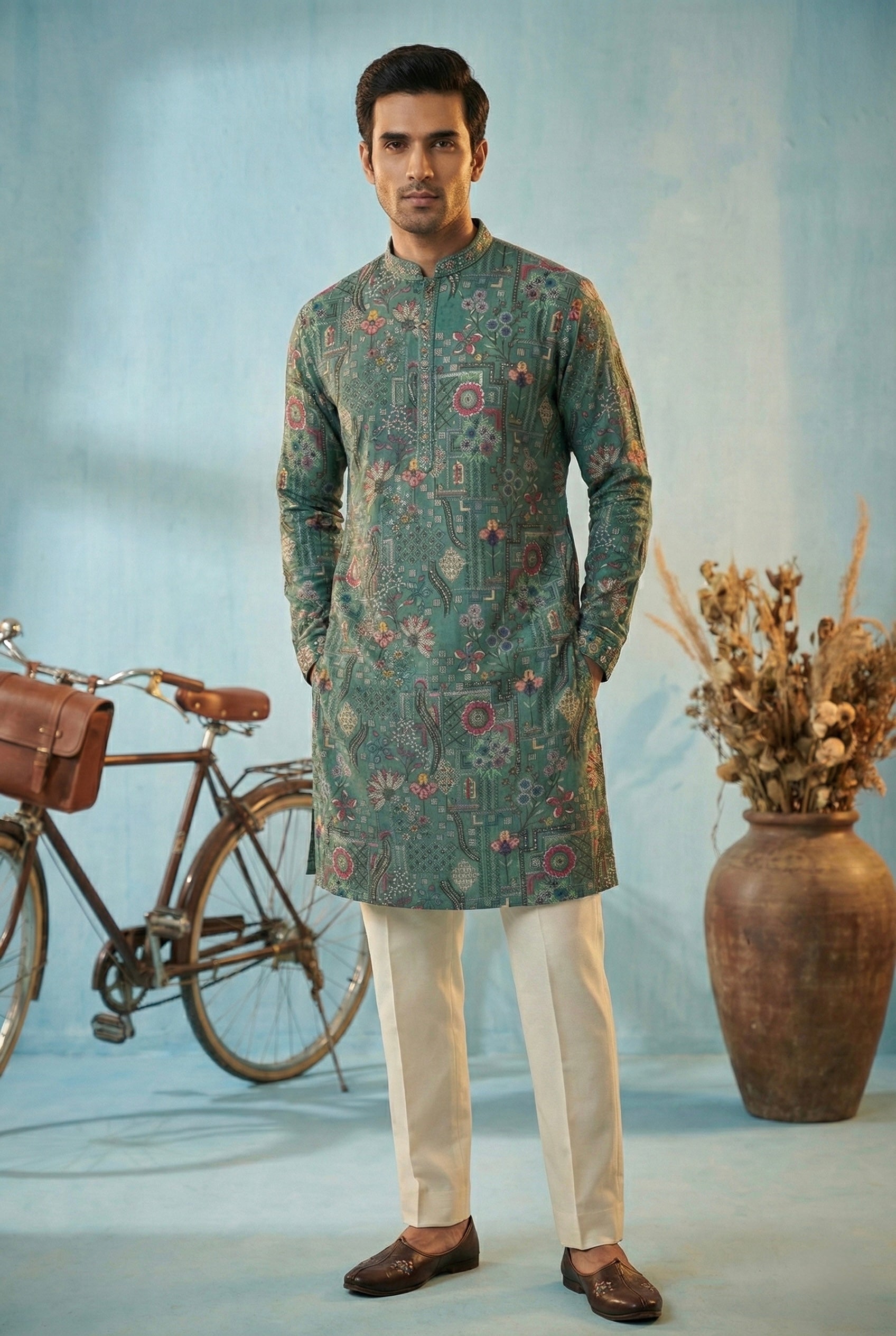 Teal Floral Heritage Embroidered Kurta for Men