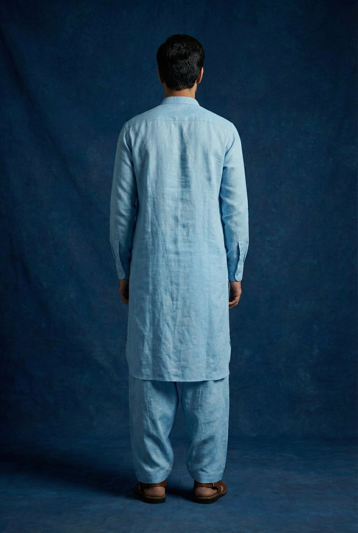 Abees Blue linen solid kurta pyjama set - back view