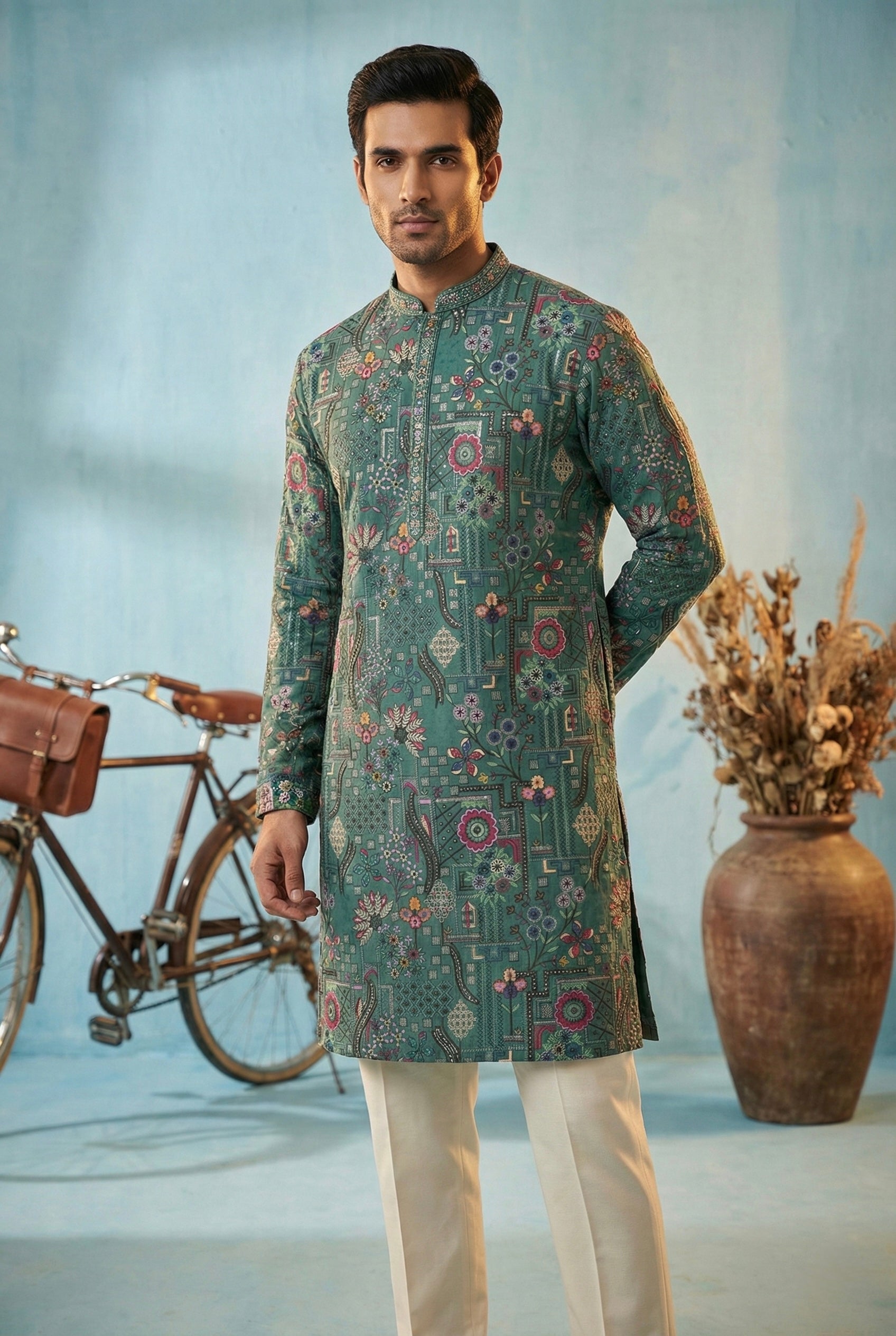 Teal Floral Heritage Embroidered Kurta for Men