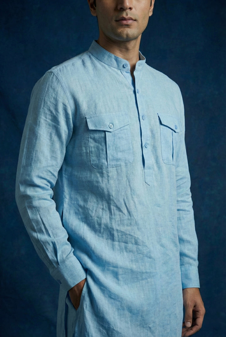 Abees Blue linen solid kurta pyjama set - side view