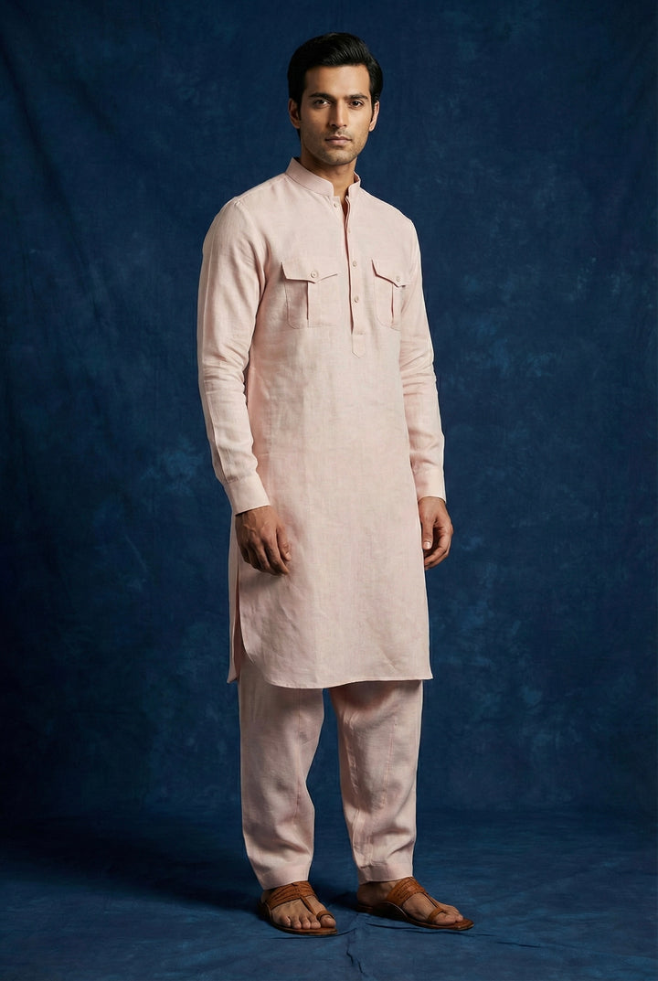 Abees Pink linen solid kurta set with pyjama - front view