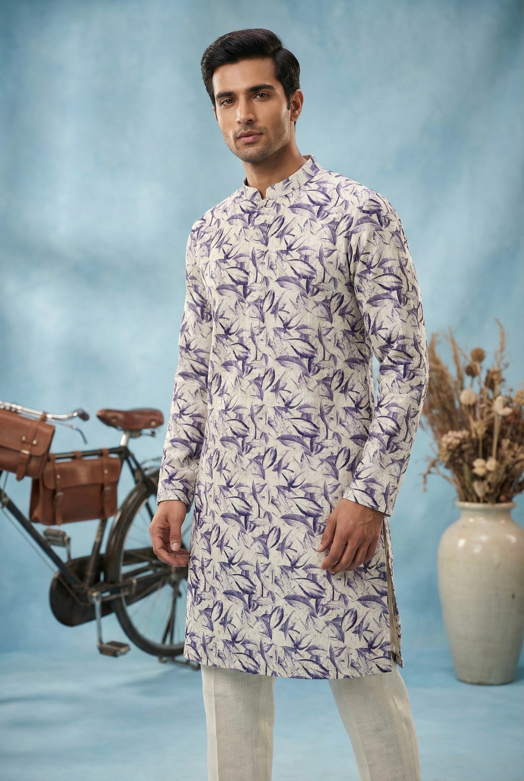 Ivory Lavender Leaf Printed Kurta for Men