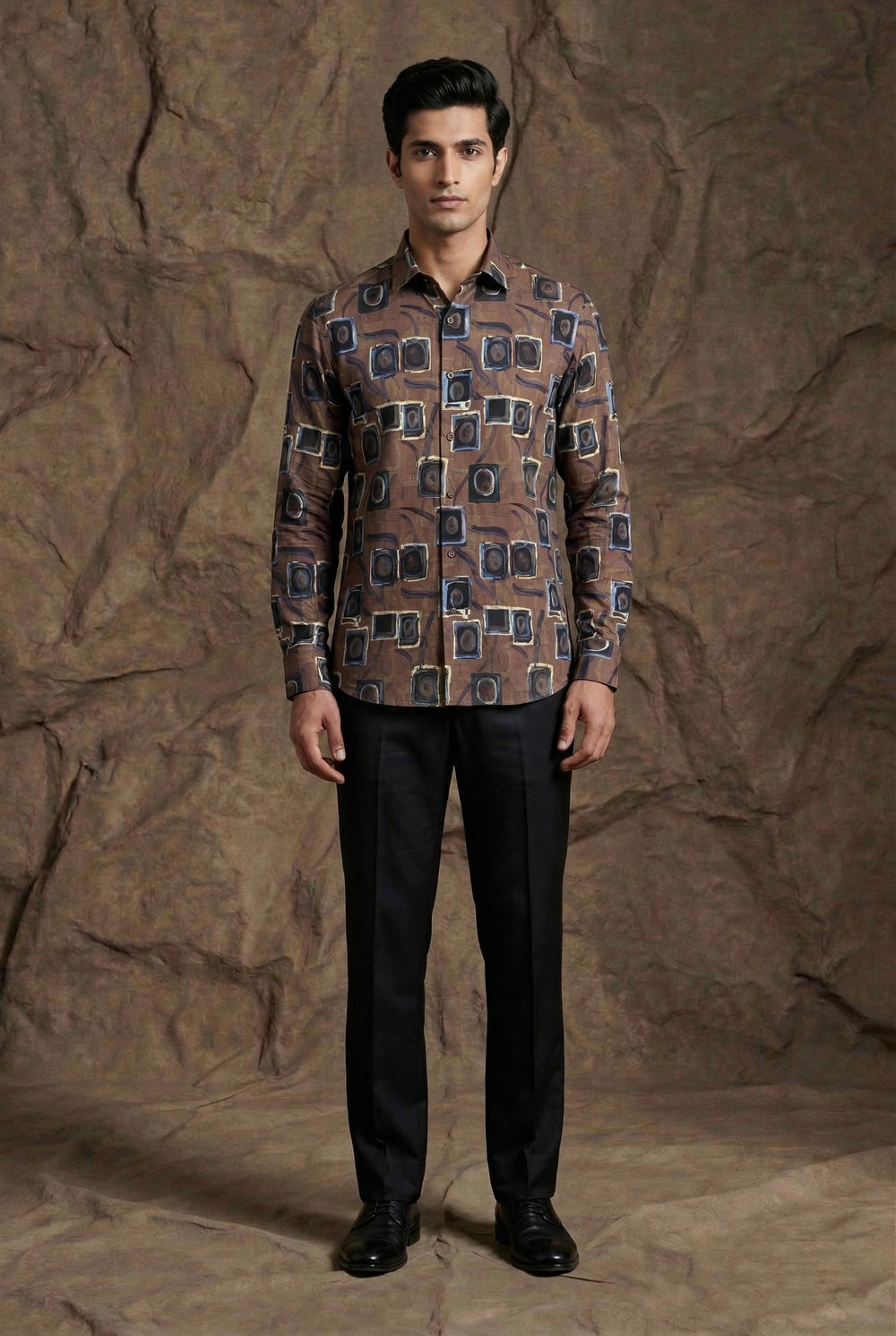 Brown Geometric Print Designer Shirt