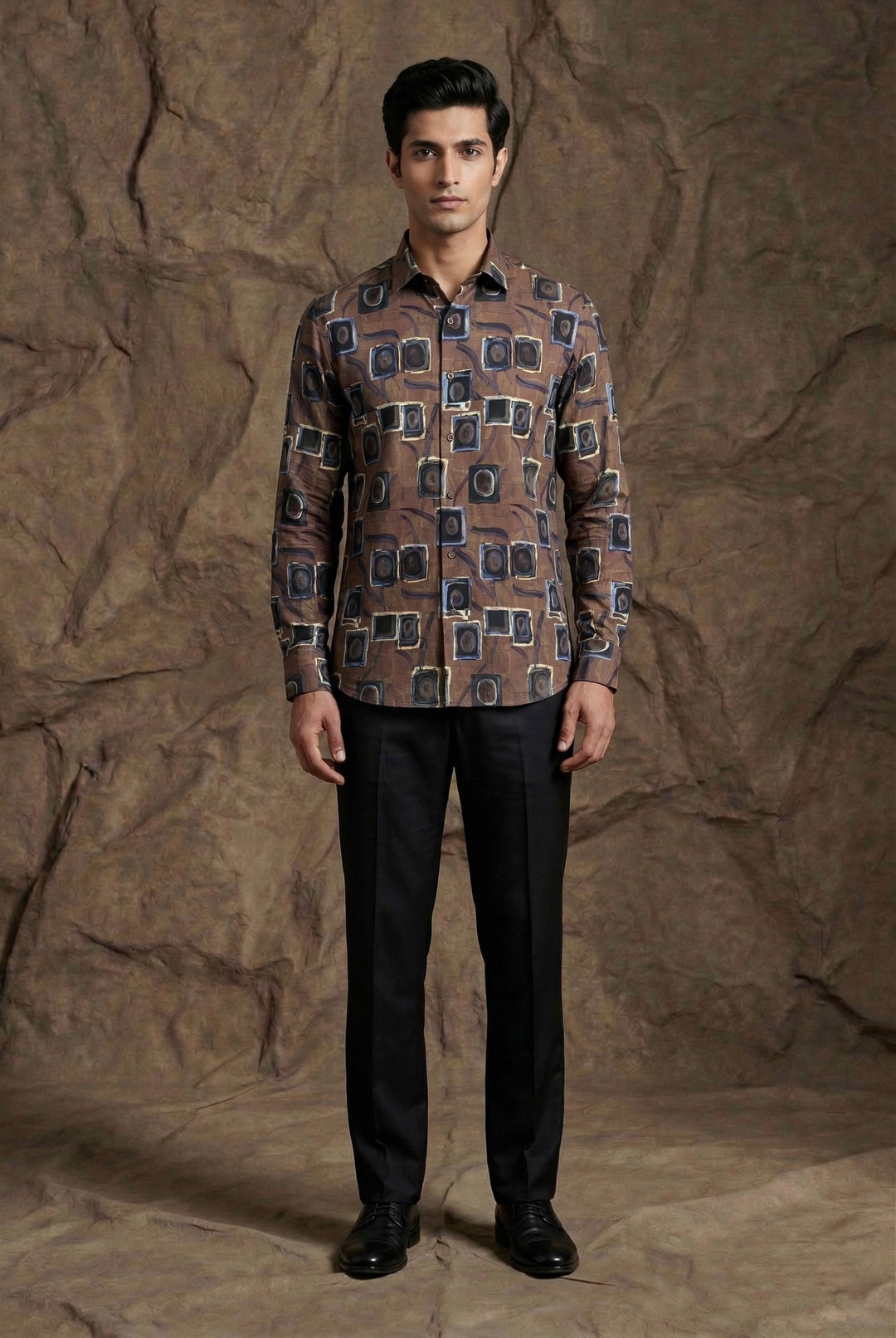 Brown Geometric Print Designer Shirt