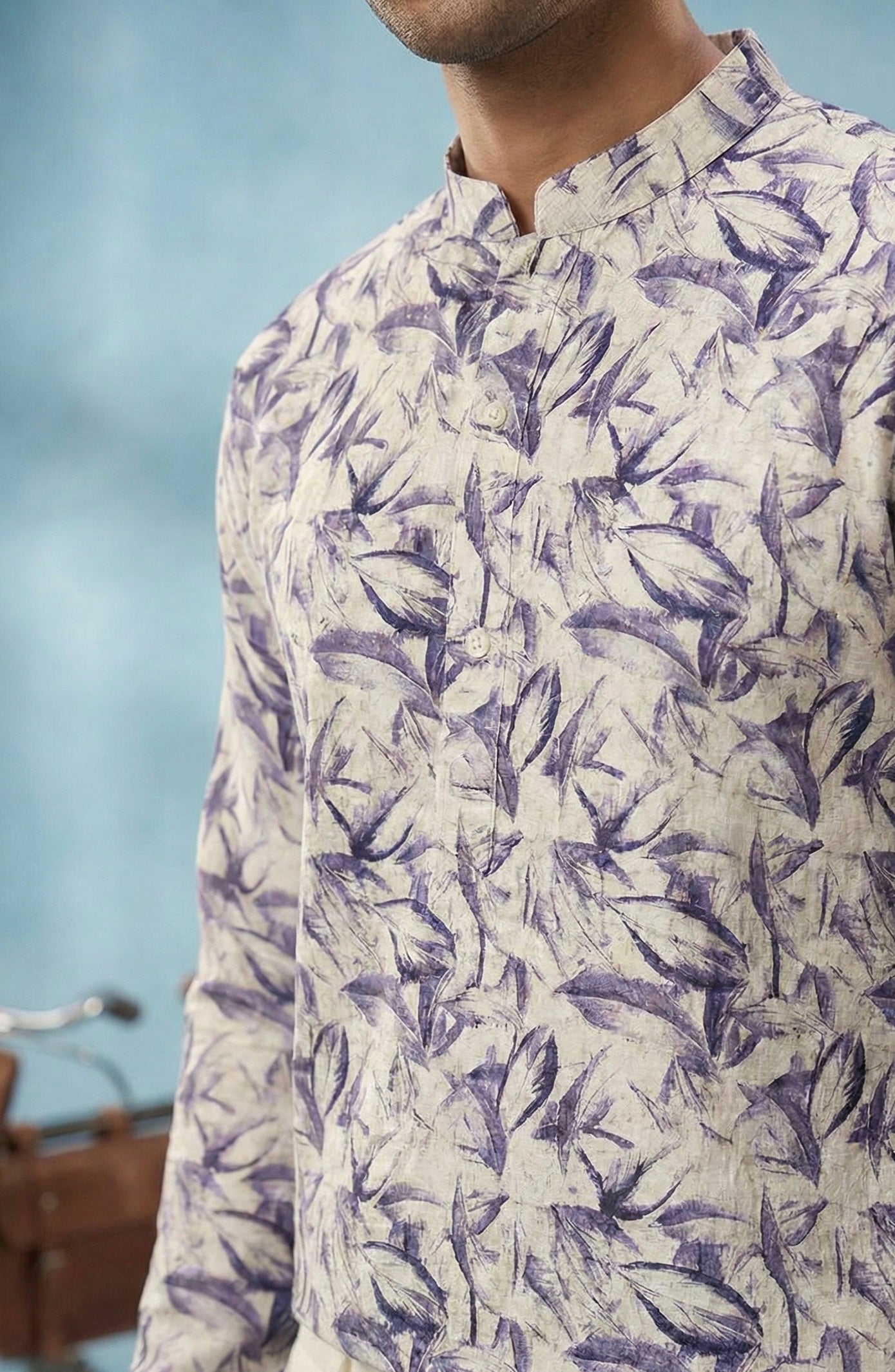 Ivory Lavender Leaf Printed Kurta for Men