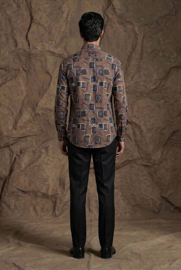 Brown Geometric Print Designer Shirt