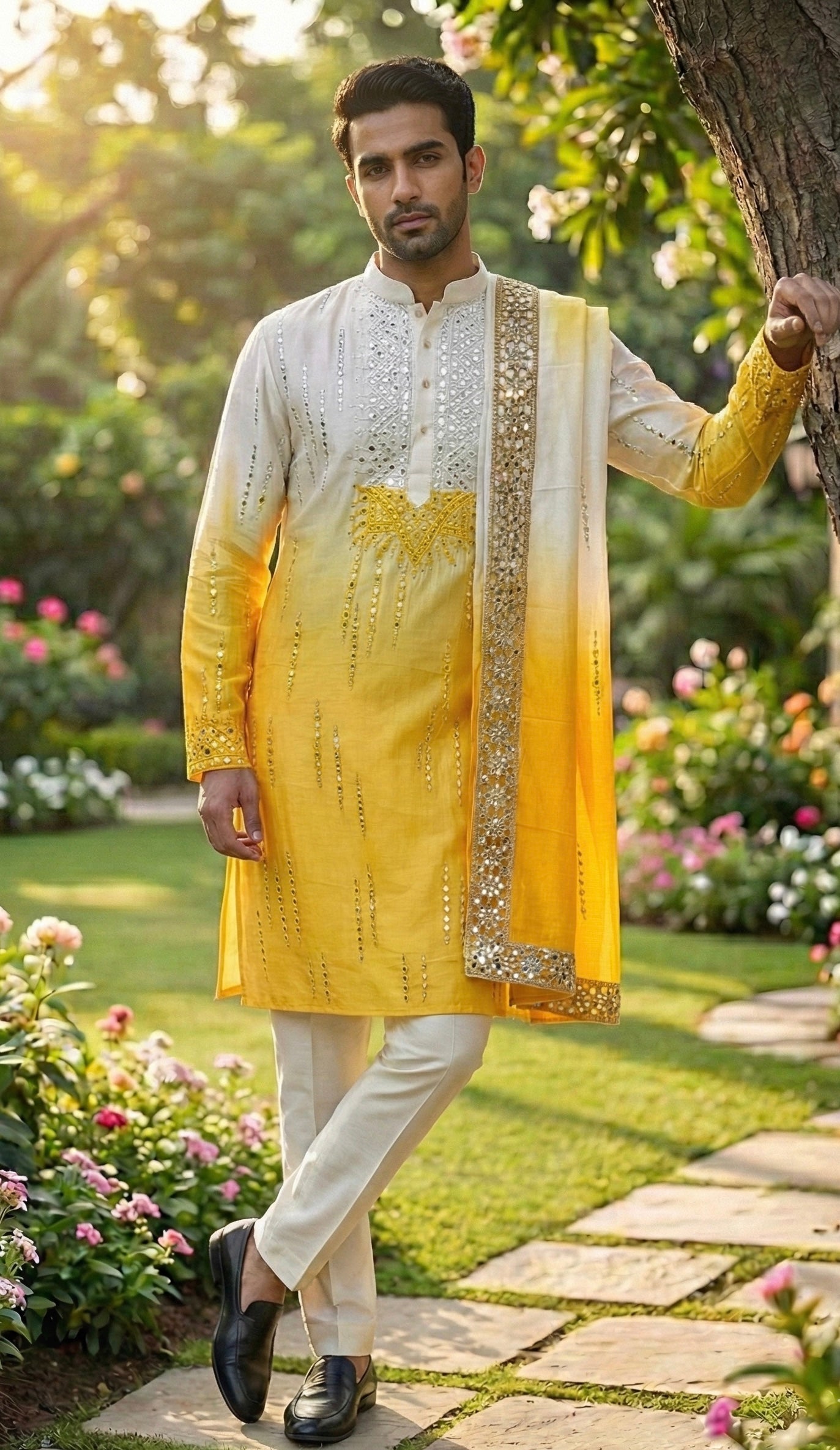 Yellow-White Ombre Linen Silk Mirror Cutwork Kurta Set