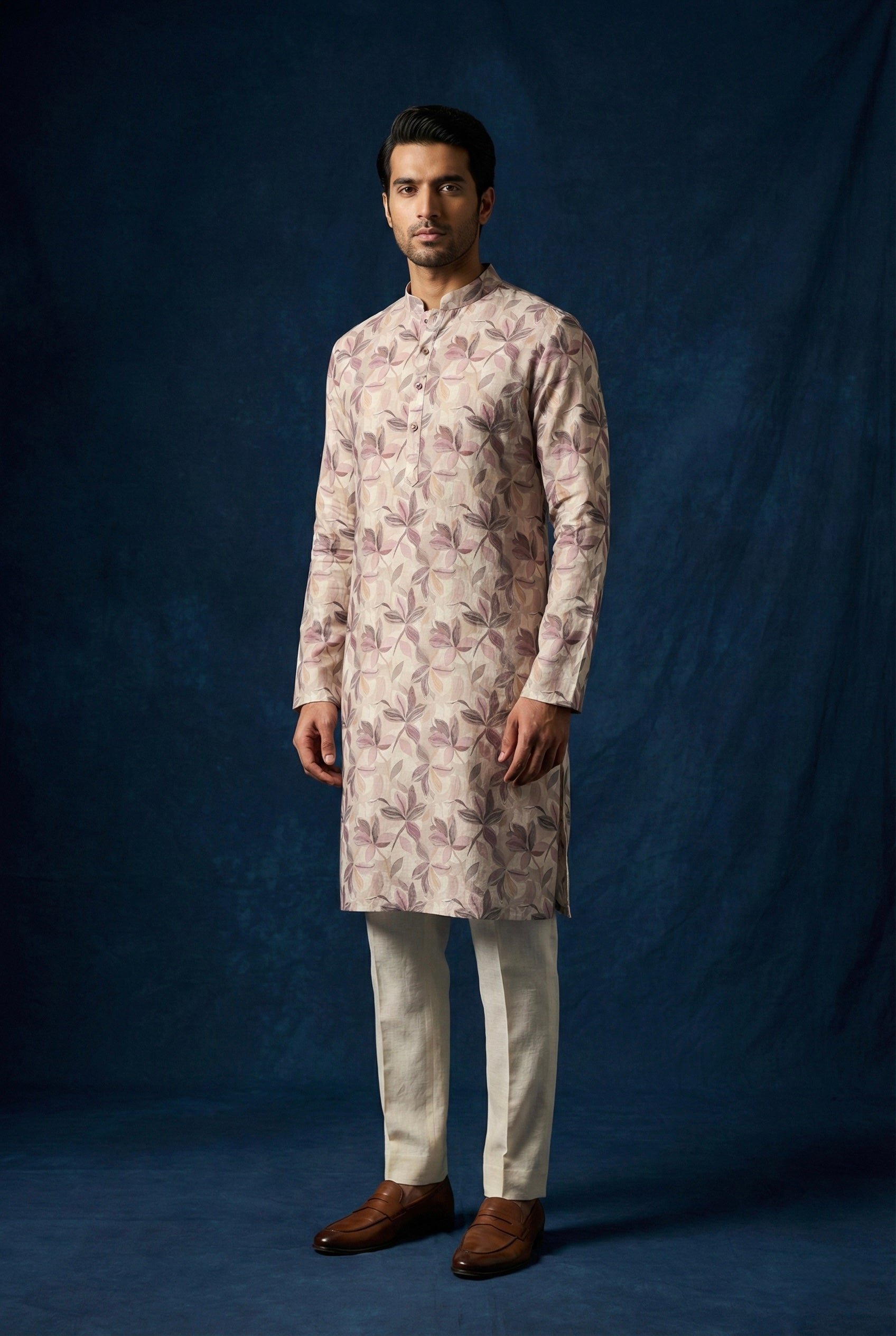 Beige Floral Printed 100% Pure Linen Kurta for Men