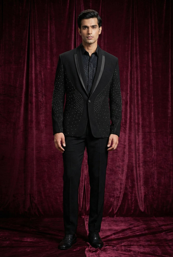 Abees Black sequin embellished tuxedo suit for men - front view