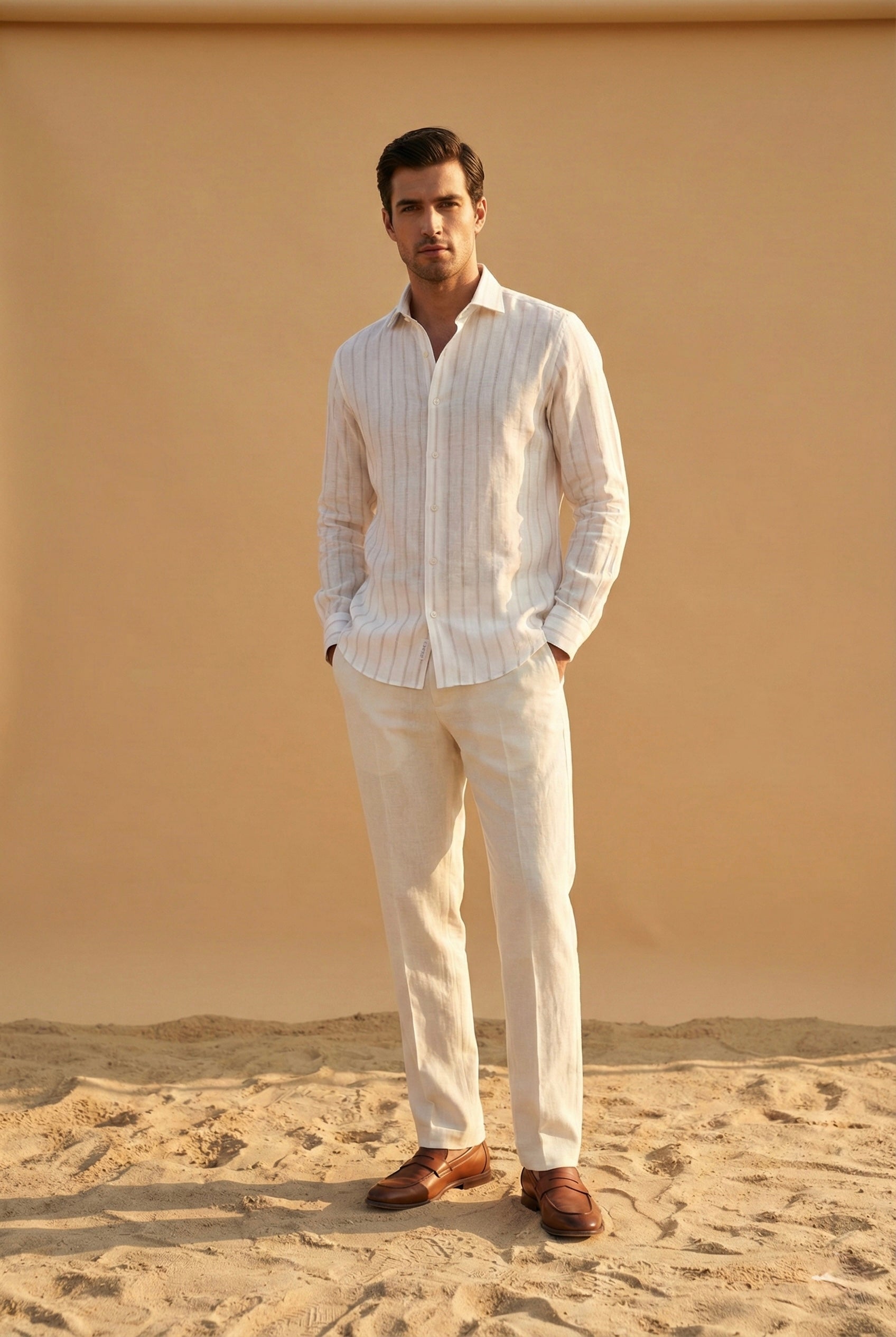 Ivory Striped Pure Linen Shirt for Men