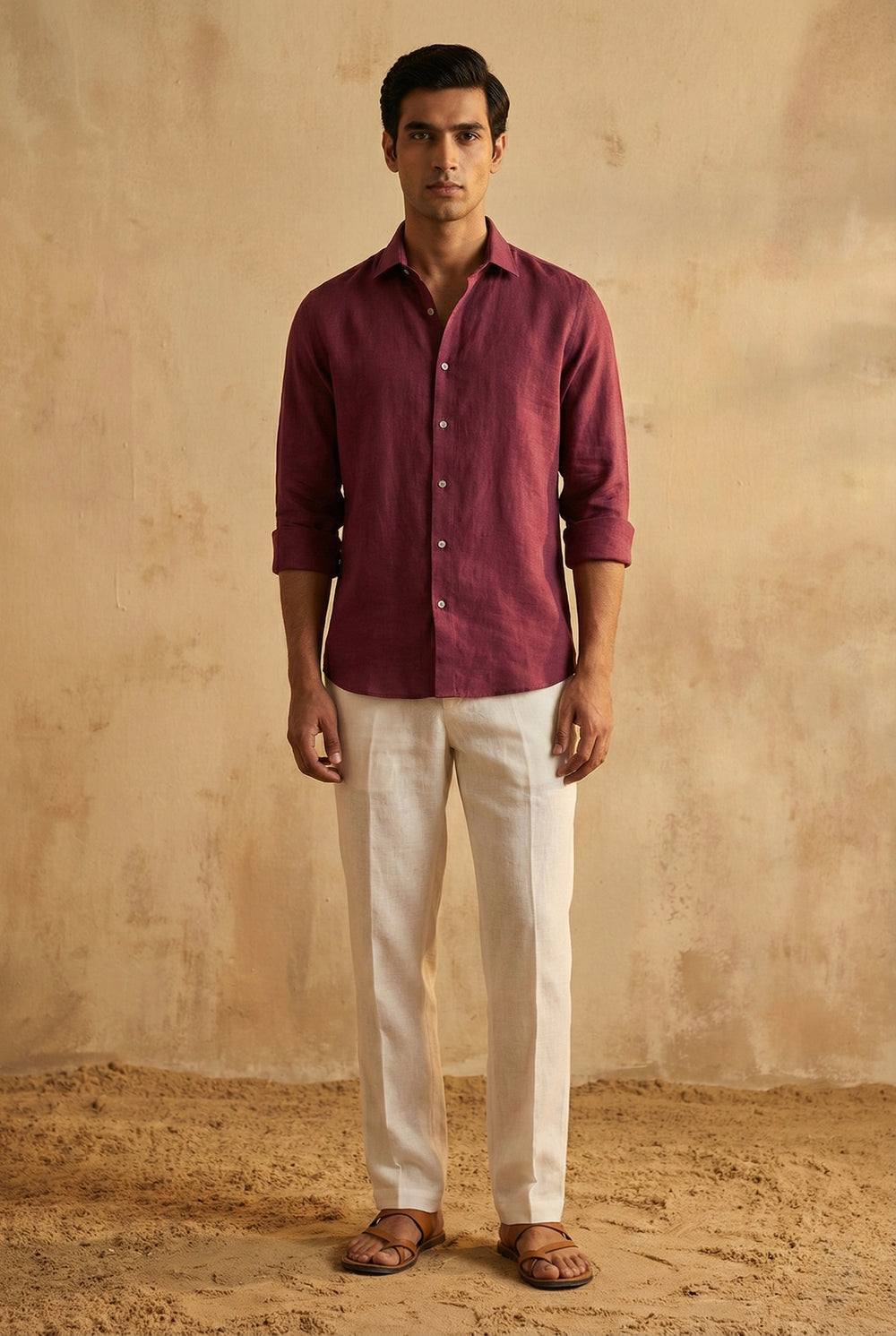 Abees Maroon linen solid shirt - front view